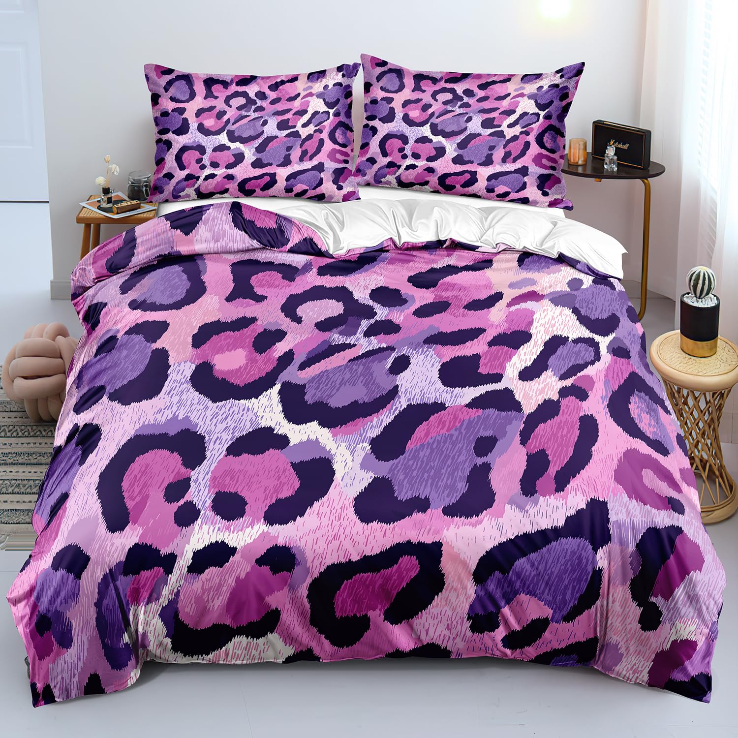 Housse de couette léopard rose violet parure de lit 240x220 imprimée animaux sauvages guépard