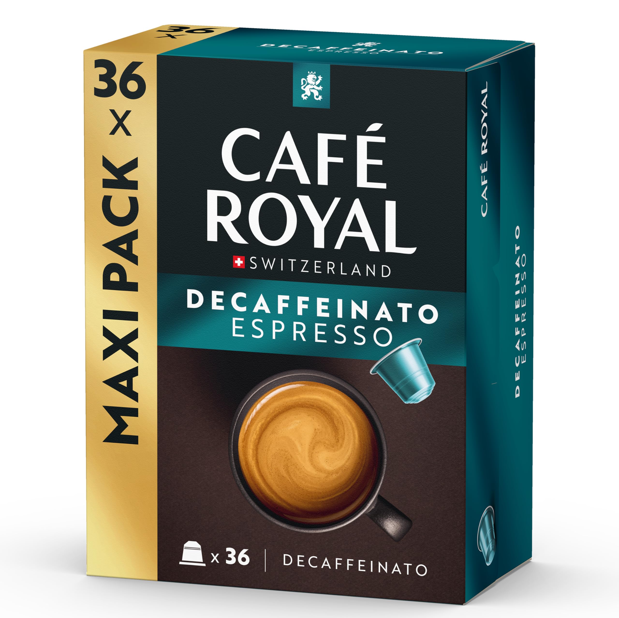 Café RoyalEspresso Decaffeinato, 36 Nespresso (R) compatible capsules, 80 percent recycled Aluminium, Rainforest Alliance certified, decaffeinated