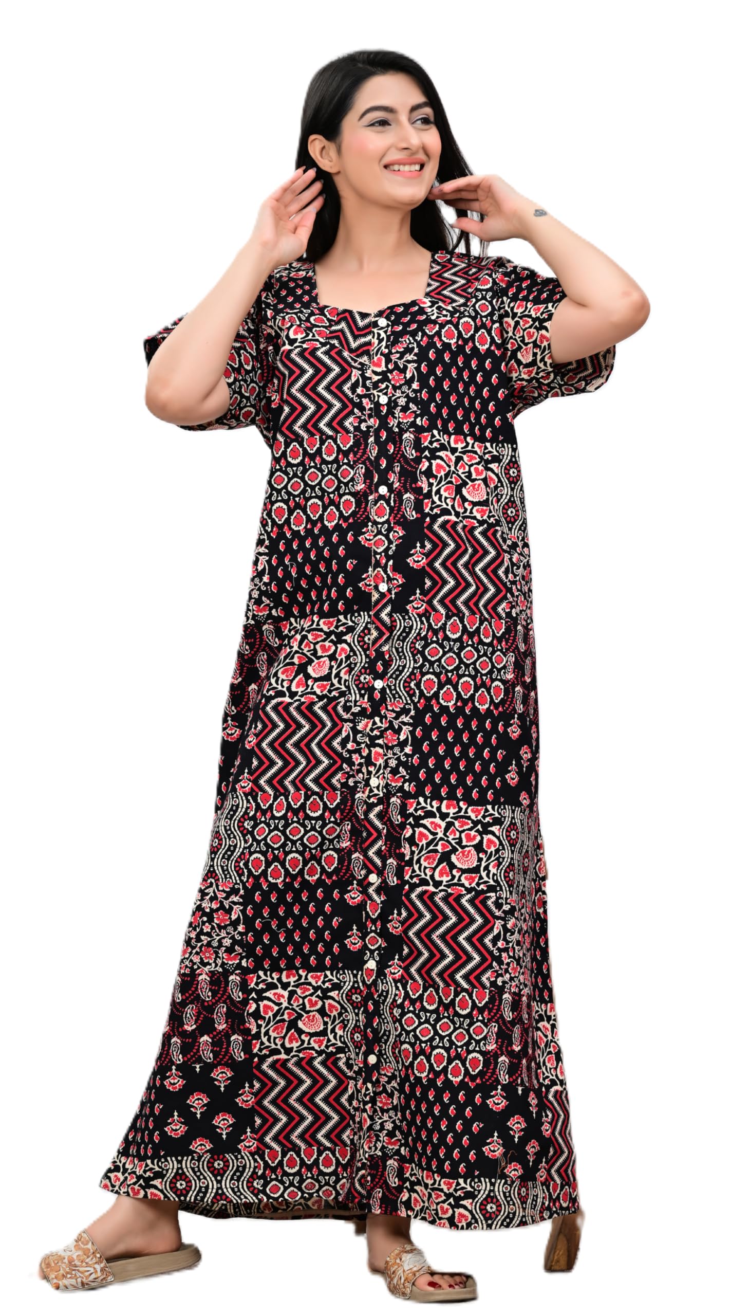Women's Cotton Nighty Dress, Maxi Length, V-Neck, Short Sleeve, Floral Leaf Print, Ethnic Printed, Relaxed Fit, for Sleeping-picture-36
