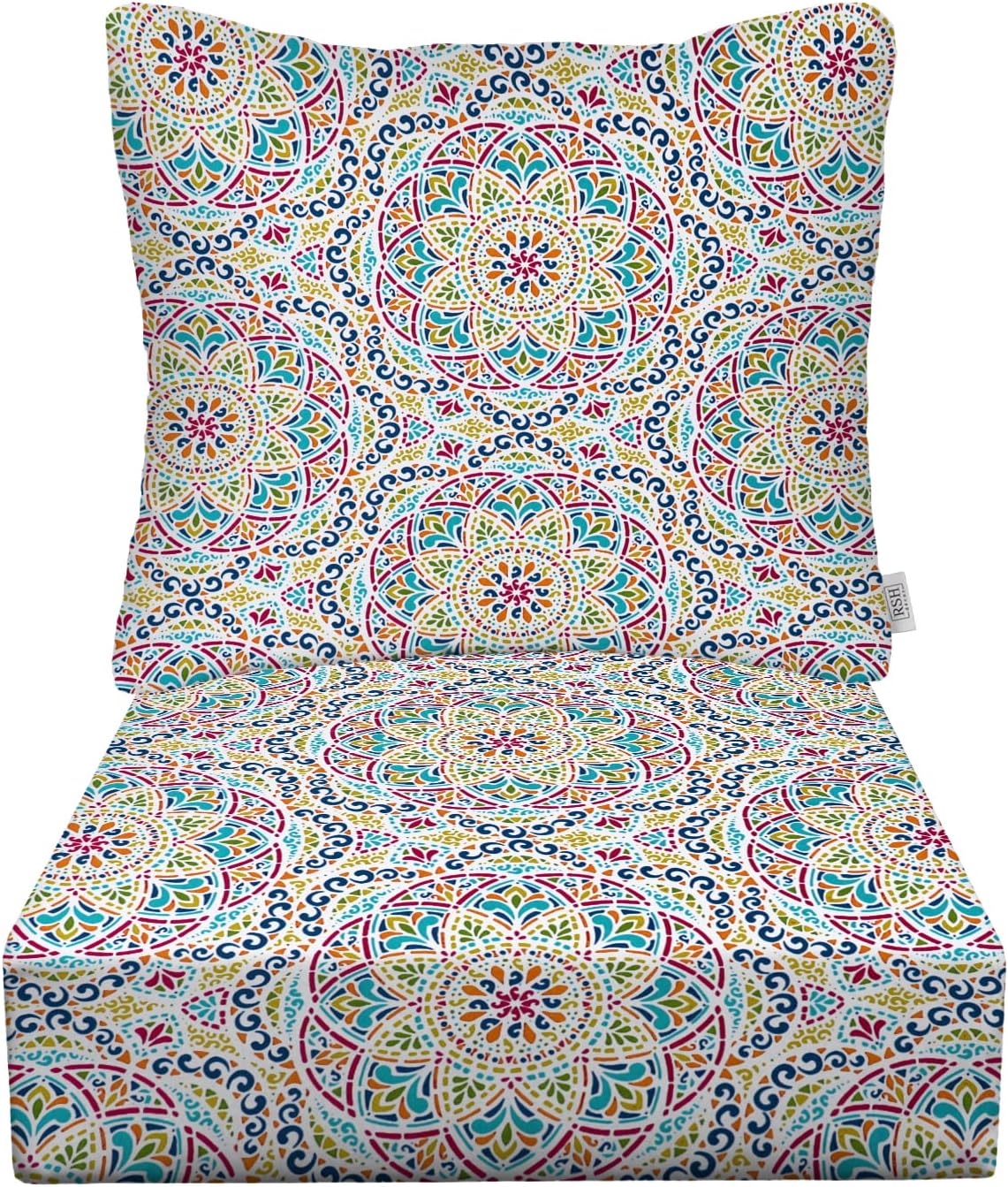 RSH DECOR: Deep Seating Cushion with Pillow Back | 23” x 26” Seat | All-Weather Spun Fabric | Water and Fade-Resistant | Outdoor Chair Cushion Set for Patio Furniture | Zen Fiesta