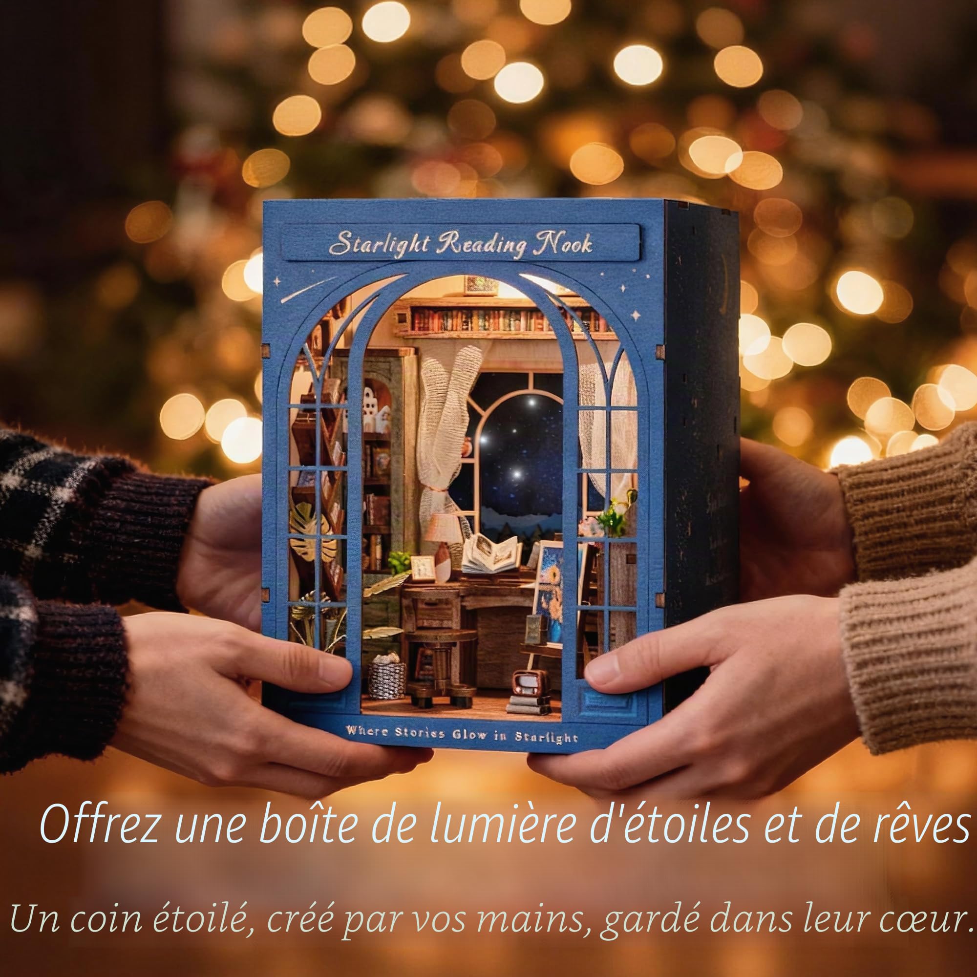 DolphinIsle - Kits de coin de lecture pour adultes, décor de bibliothèque DIY Booknook 3D en bois avec puzzle étoiles et coin lecture scintillant avec ciel étoilé