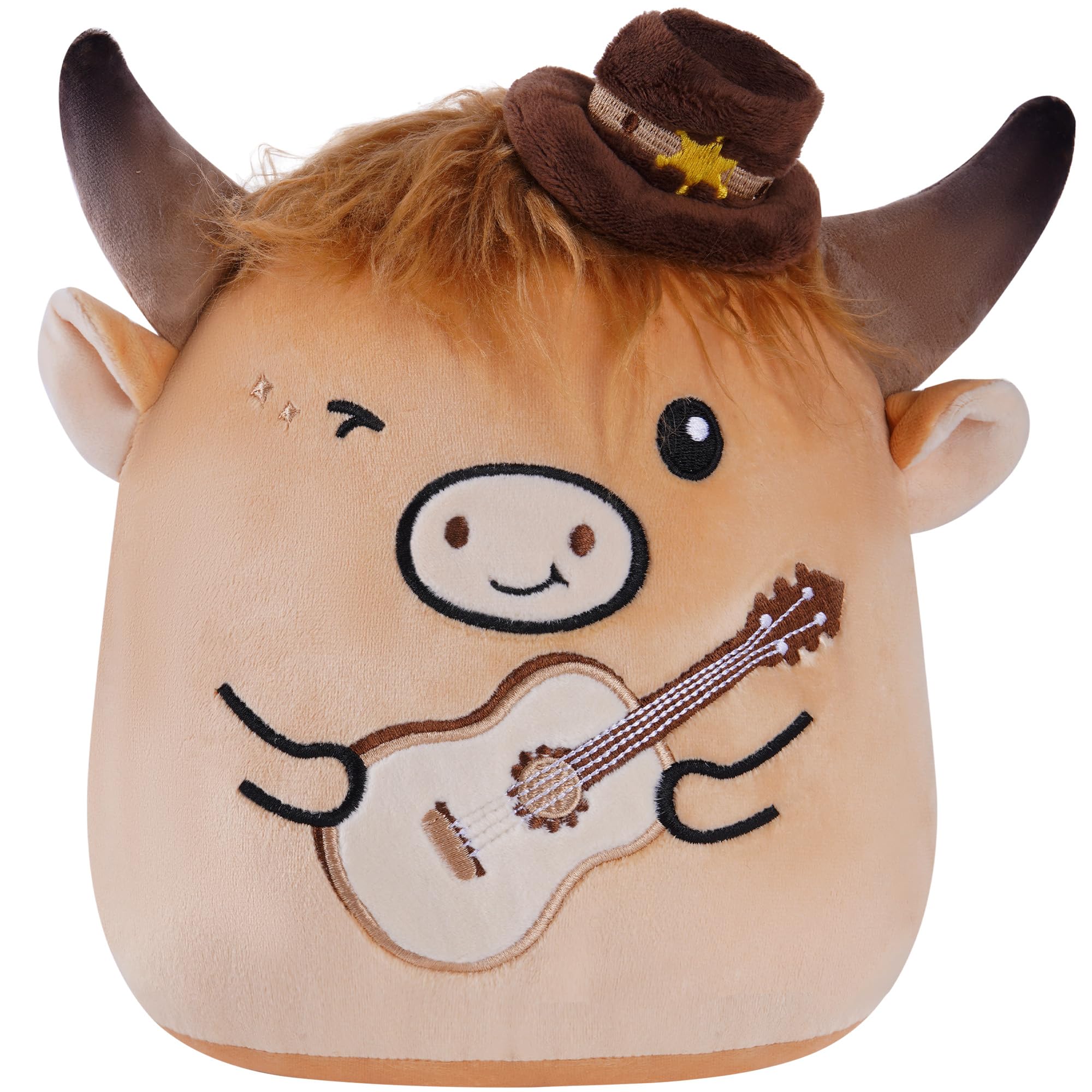 Highland Cow Stuffed Animal 8 Inch Cute Country Cow Plush Toy with Guitar and Cowboy Hat Soft Kawaii