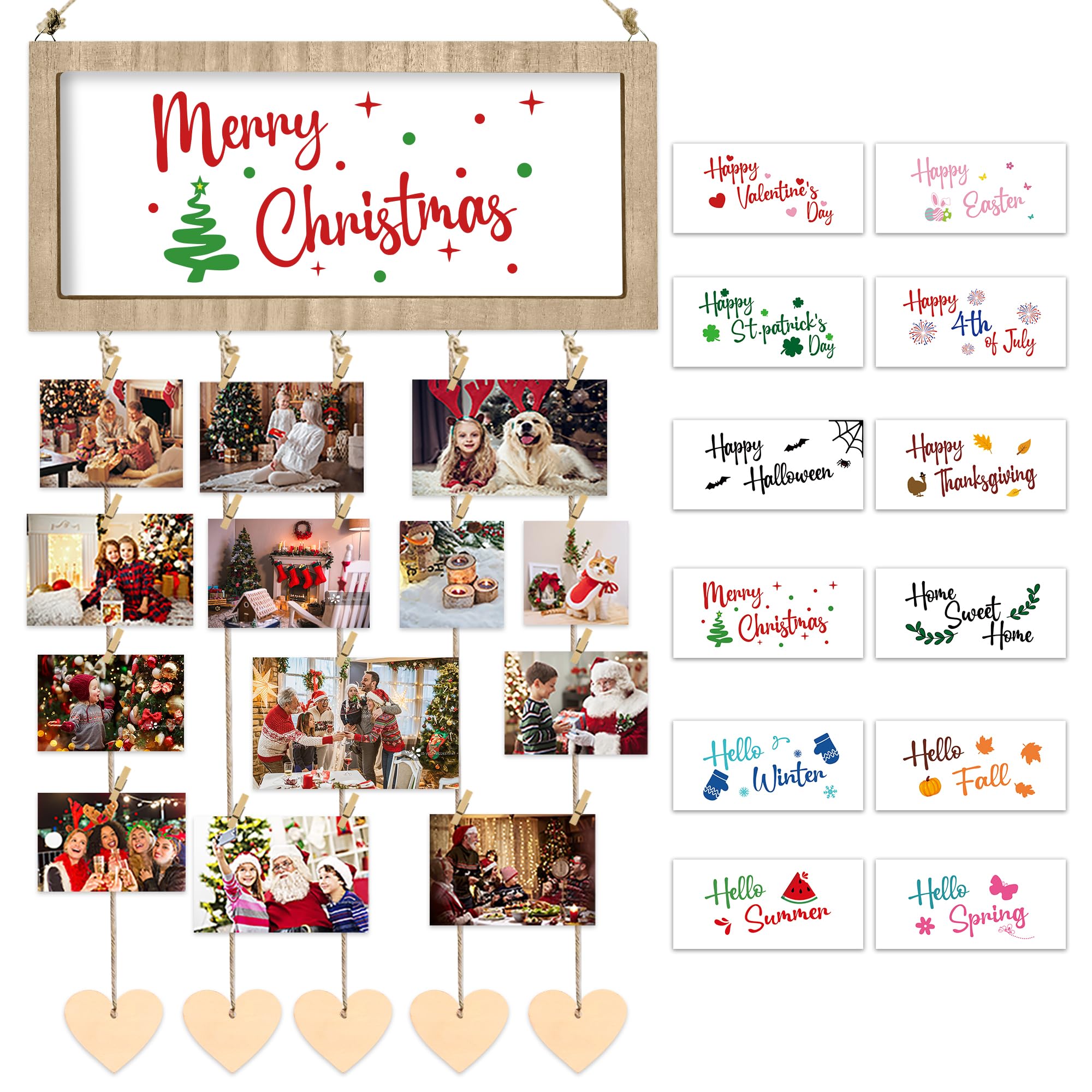 Lairyan 4th of July Card Holder Wall Display, Interchangeable Seasonal Picture Frames Collage Wall Decor with 12 Patterns & 30 Clips, Hanging Display Picture Board Wood Rustic Frames for Home Room