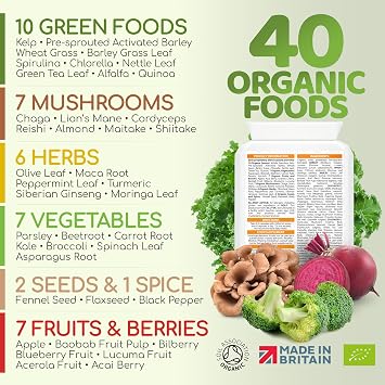 EasyGreens - Organic Greens Superfood Capsules – 100 Vegan Capsules - Soil Association Certified Natural Vitamin and Mineral - 40 Raw Greens, Fruits, Vegetables, Mushrooms, Sprouts, Seeds and Herbs