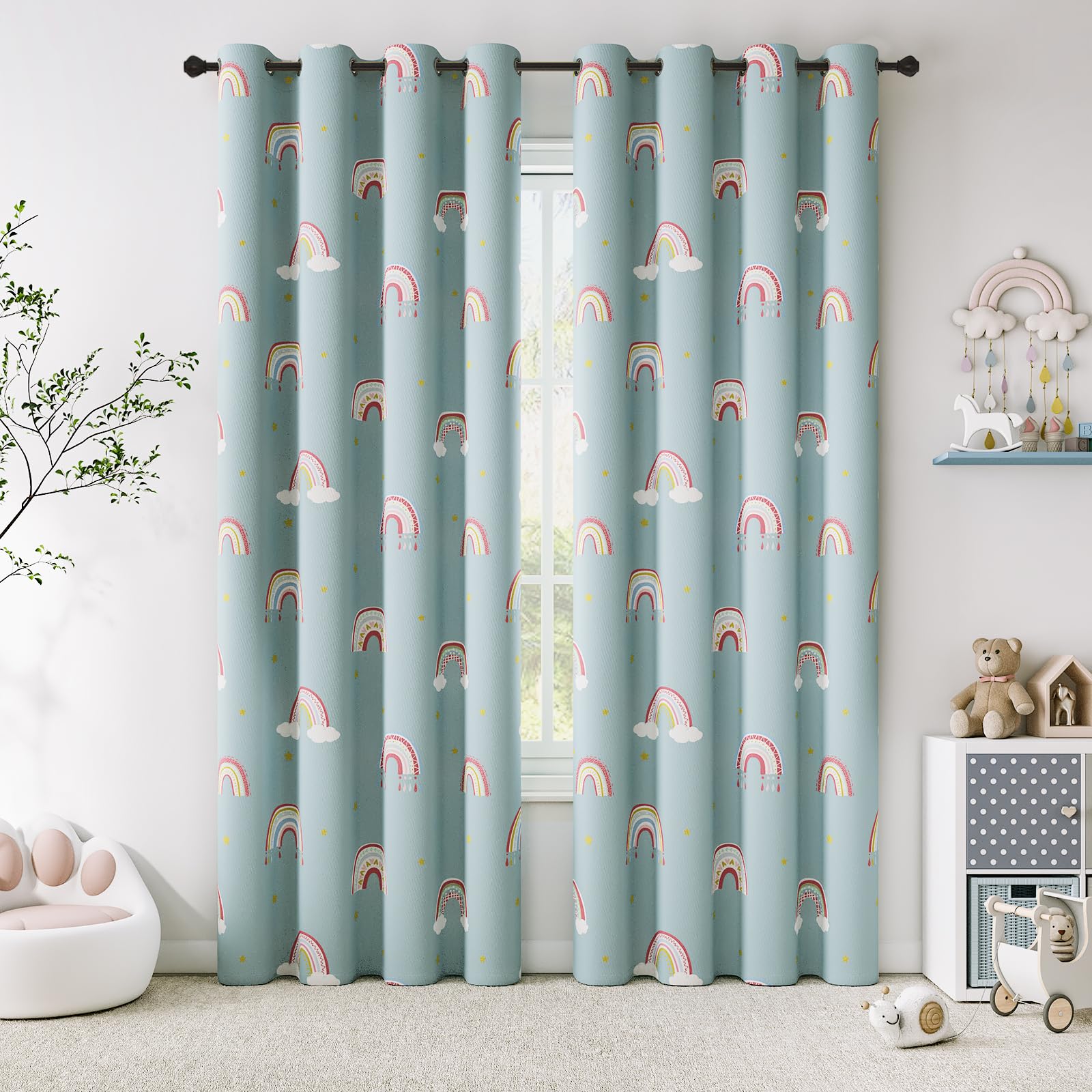 Vangao Rainbow Blackout Curtains Pastel Blue for Girls Kids Room 2 Panels Window Drapes for Living Room Nursery Thermal Grommet Insulated Room Darkening Curtains Bedroom 84 Inch Length