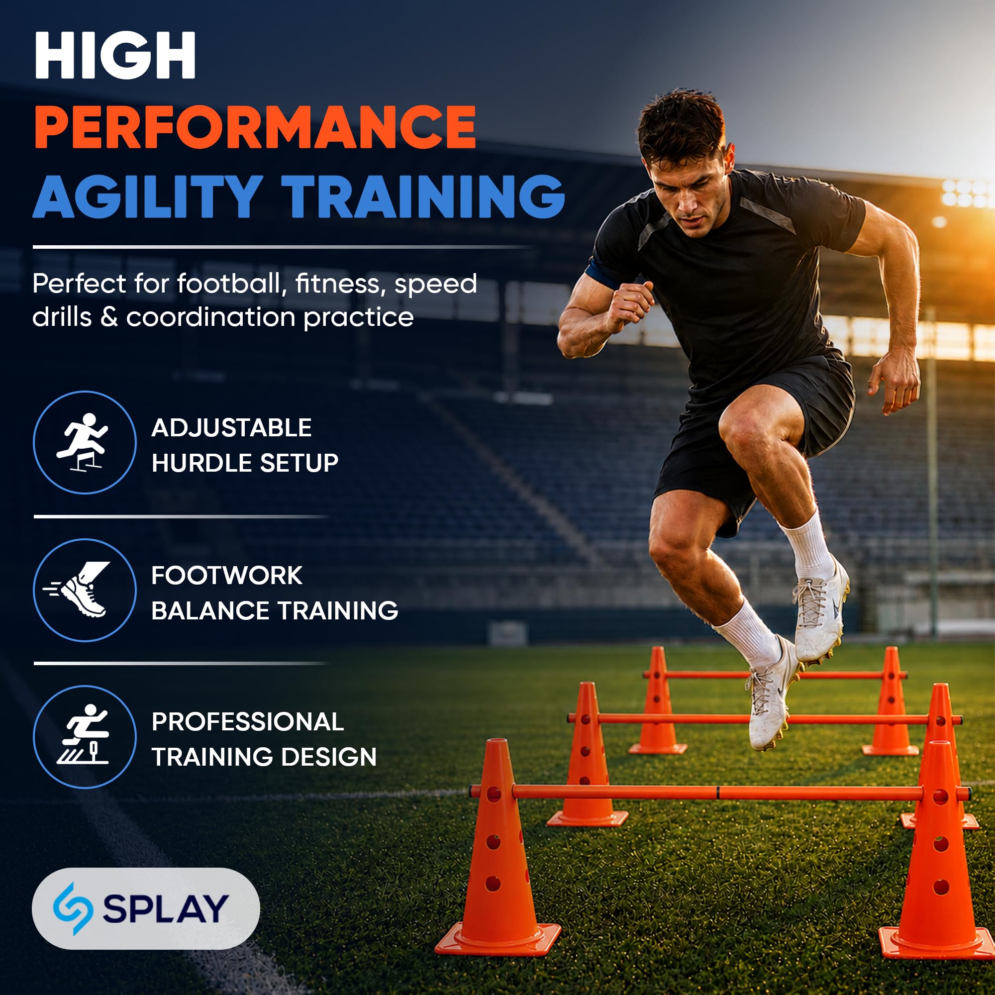 Splay Club Training Hurdle Kit w/Carry Bag | Multi-Sport Plastic Cones for Field Practice, Fitness Training, Agility Set, | 12 Cones (15 Inch) | Adjustable 6 Poles Orange Color (1 Meter)