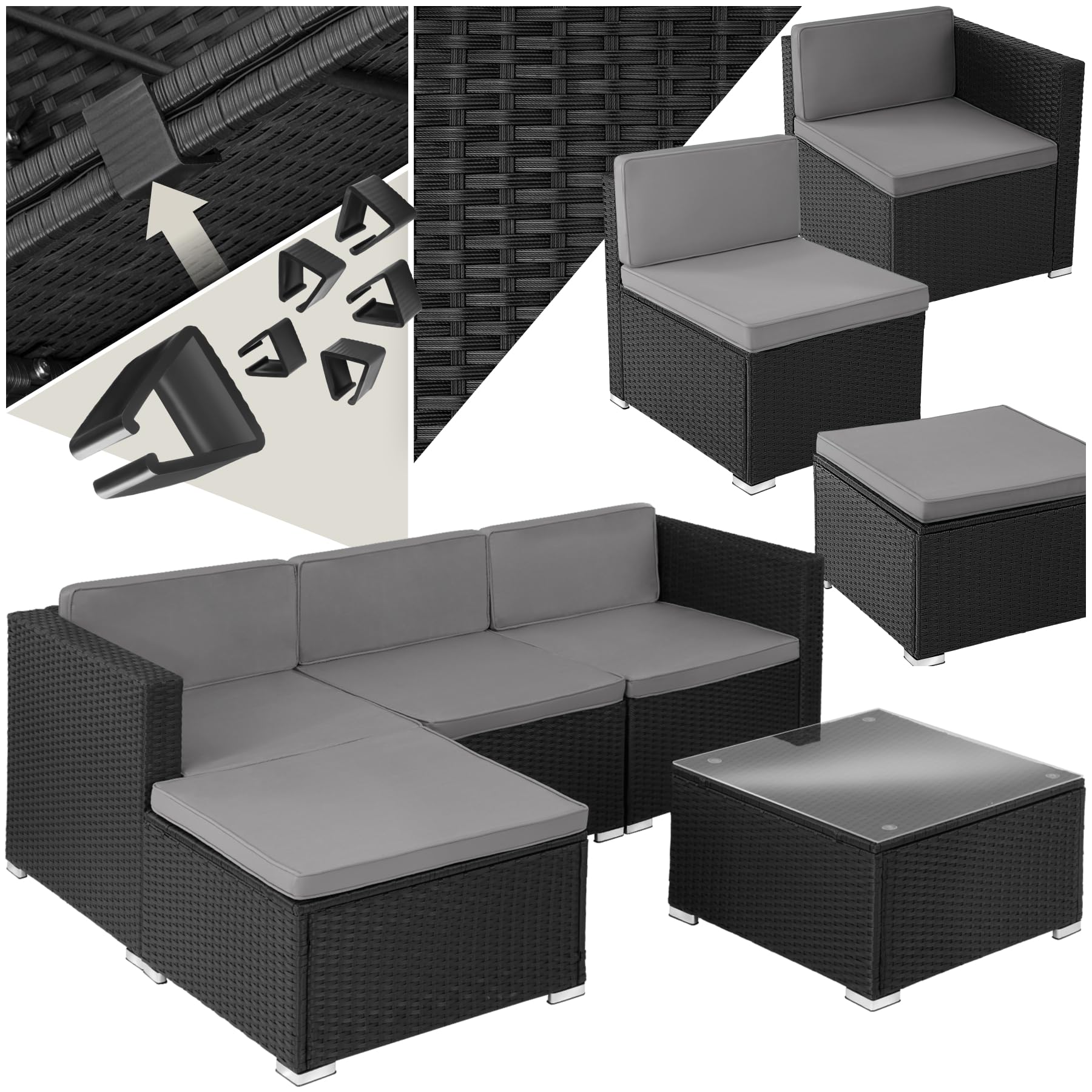 TecTake® Conjunto Jardín en Ratán con Cojines, Conjunto Terraza Resistente a Intemperie, Muebles Jardín Exterior, 3 Sillones, 1 Taburete, 1 Mesa Cristal, Fundas Extraíbles, Fácil Limpieza - Negro