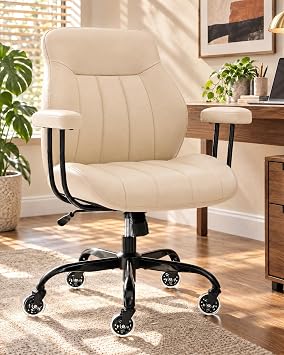 E-Motie Mid-Century Modern Office Chair, Beige Leather Desk Chair