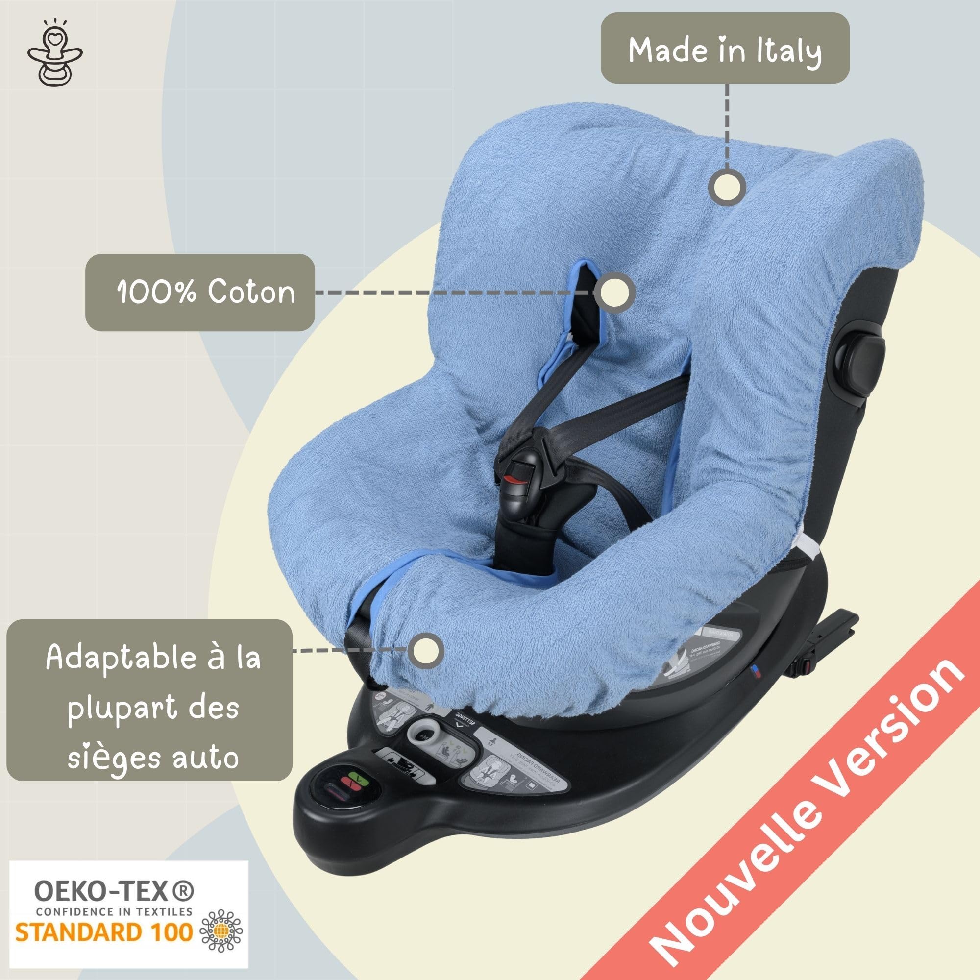 baby idea Housse pour siège d'enfant Auto Universelle 0/18 kg en Double éponge de Coton, 100% Coton, Lavable avec Passage, Sangles - Fabriquée en Italie (Avio)