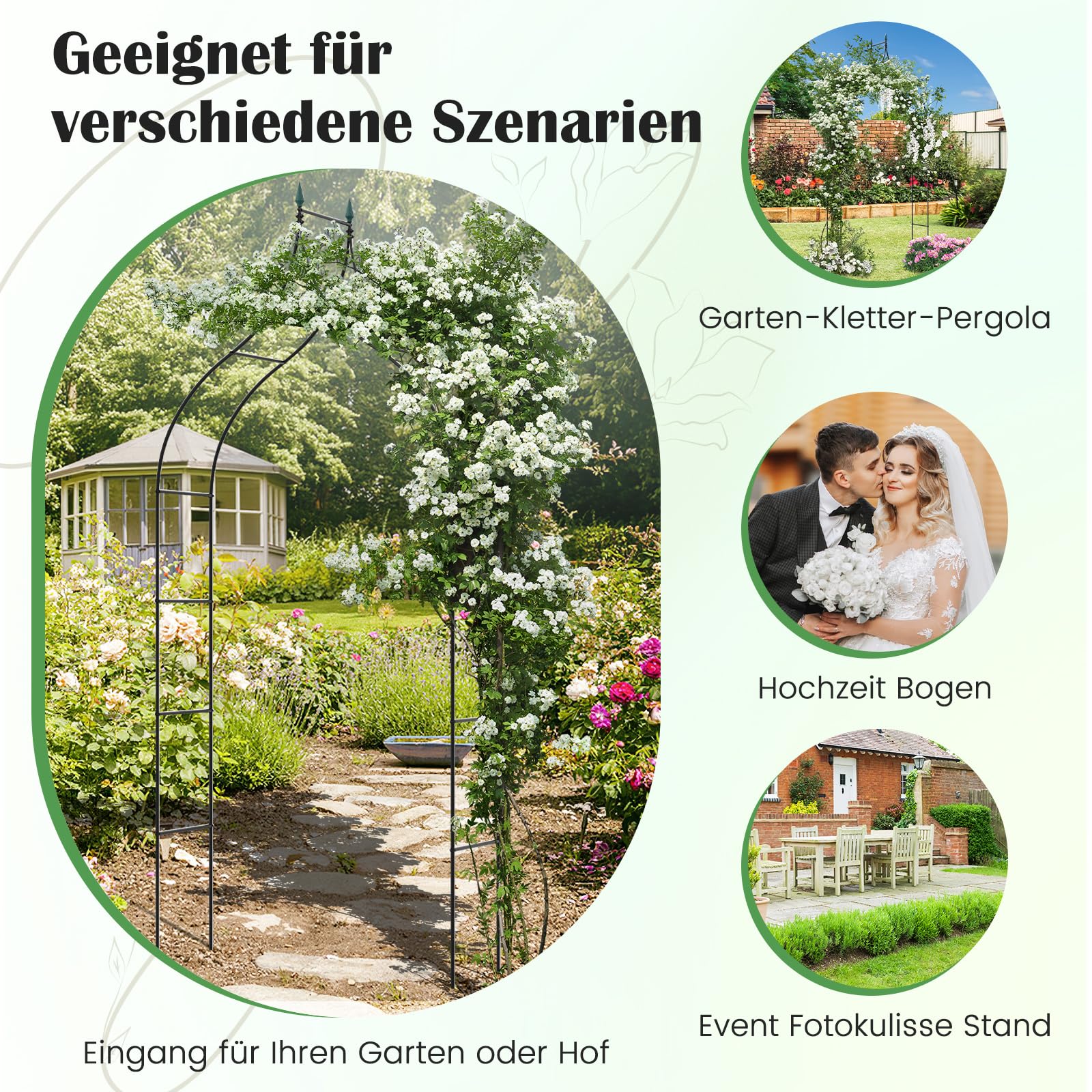 COSTWAY Rosenbogen Metall, Gartenbogen im gotischen Stil, Torbogen für Kletterpflanzen Rosen Blumen, Rosengitter Rankgitter, Pergola Spalier für Hochzeit Partys Garten Terrasse, 125 x 39 x 287 cm