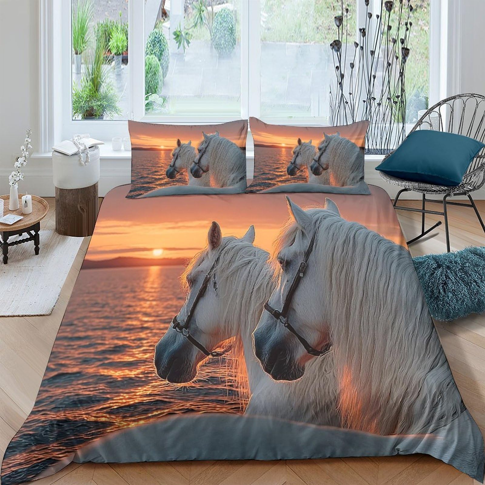 Ctjqhvkz Style-4 3D Printed Sunset Ocean Horses Fitted Sheet Microfiber Soft Slip-Resistant Bed Sheet For Bedroom Guest Room Decor Single（135X200cm）