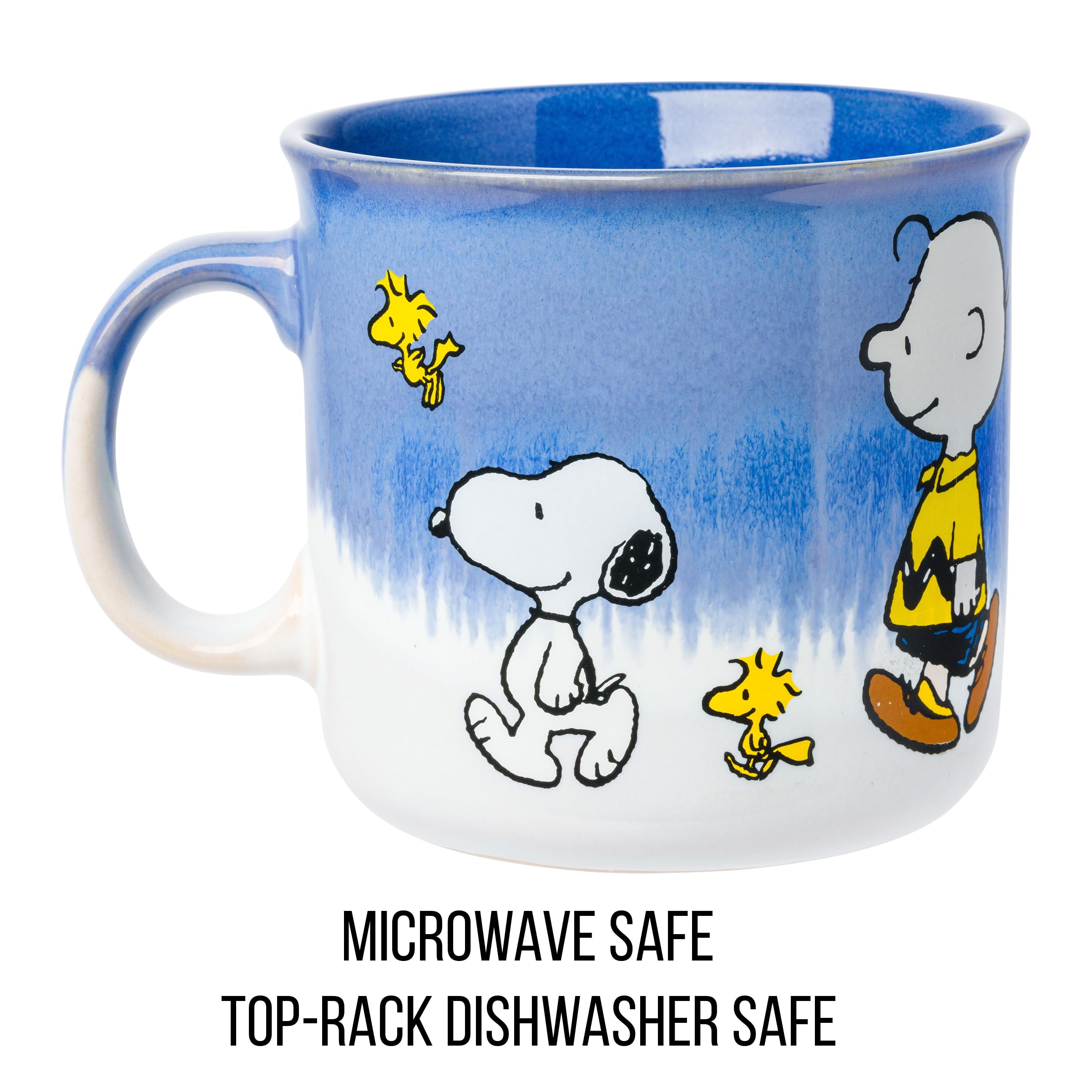 Silver Buffalo Peanuts Reactive Glaze Ceramic Camper Mug Featuring Charlie Brown, Lucy, Sally, Woodstock, and Linus, 20 Ounces