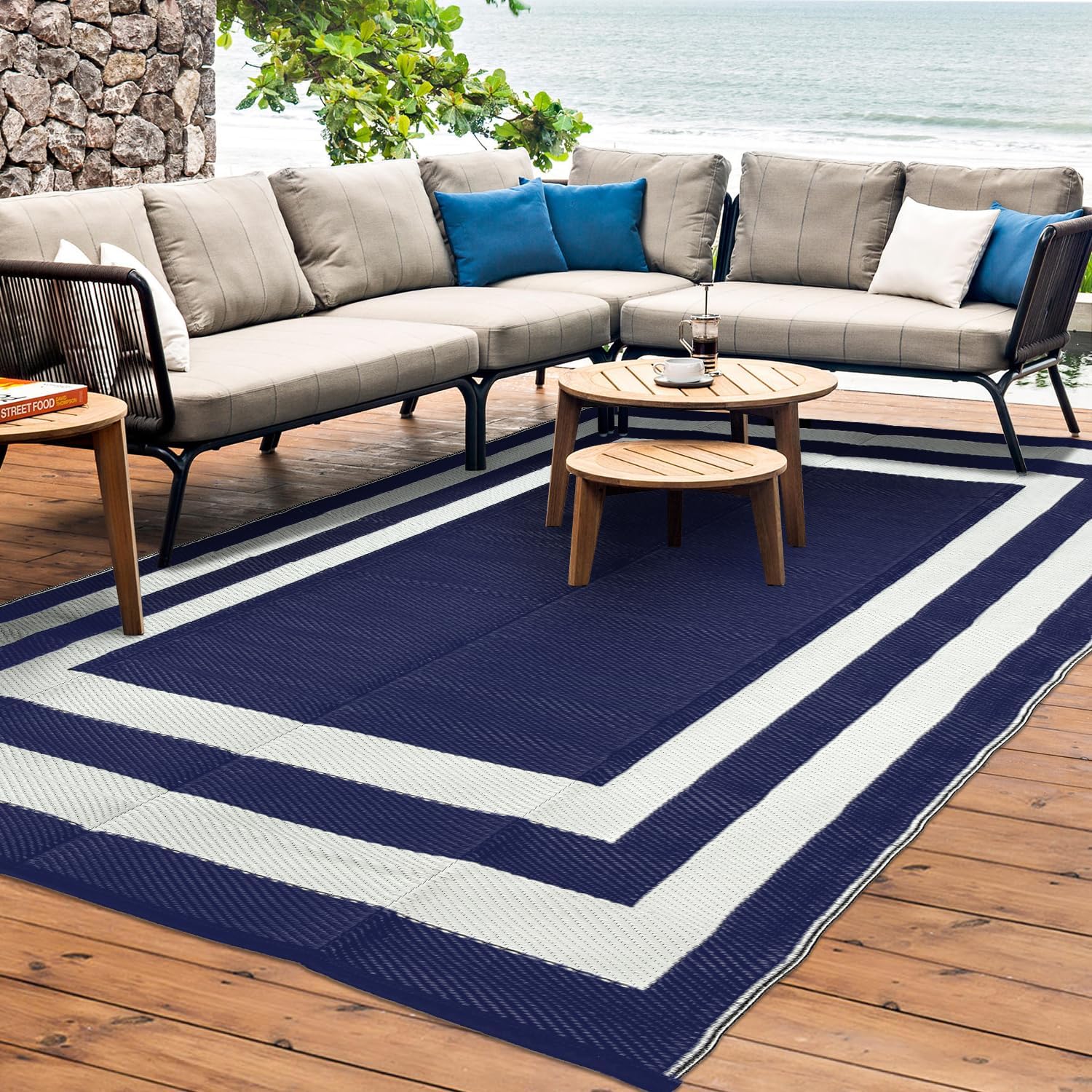 Outdoor Rug Carpet Waterproof 6x9 ft Reversible Patio Rug RV Camping Rug, Plastic Straw Rug Area Rug for Balcony Picnic Beach(Blue,White)
