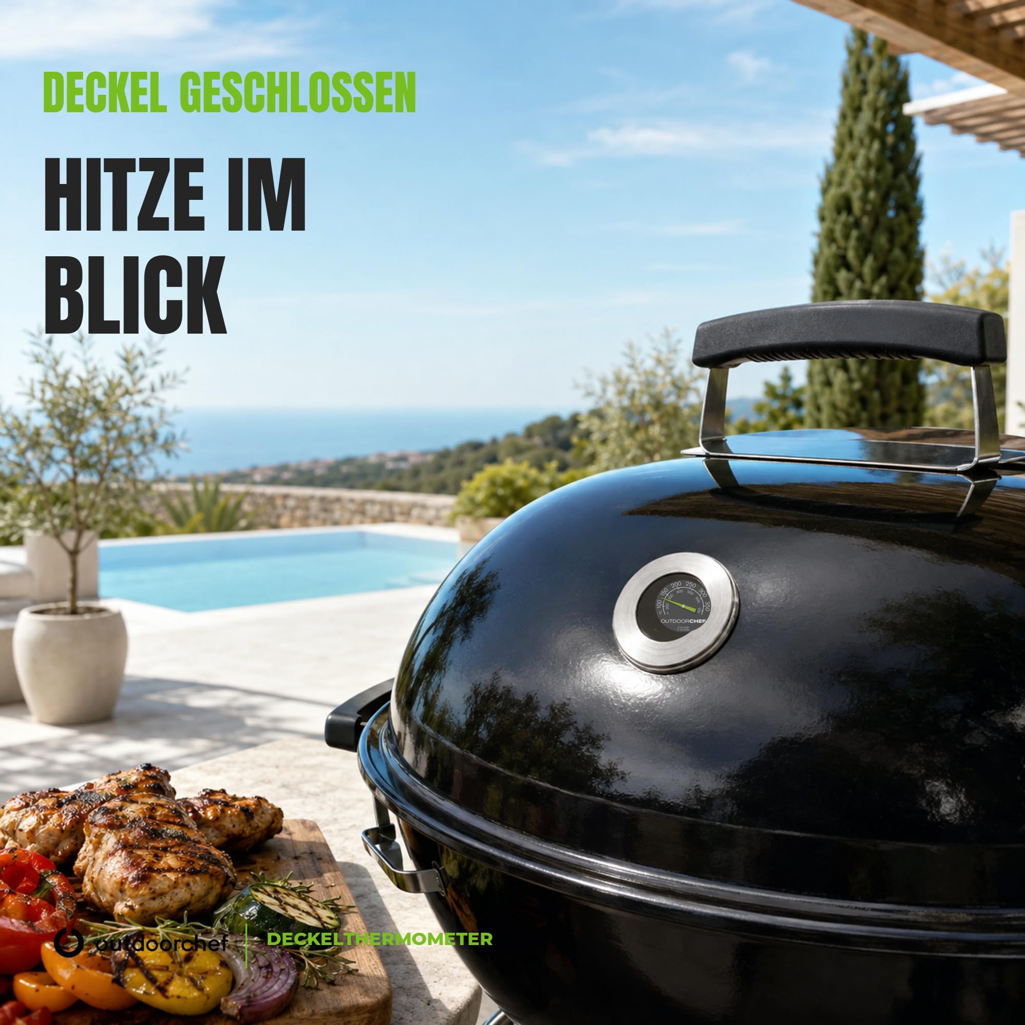 Outdoorchef 400 °C'ye kadar mangal termometresi, klasik kapak termometresi, ekstra büyük kadranlı