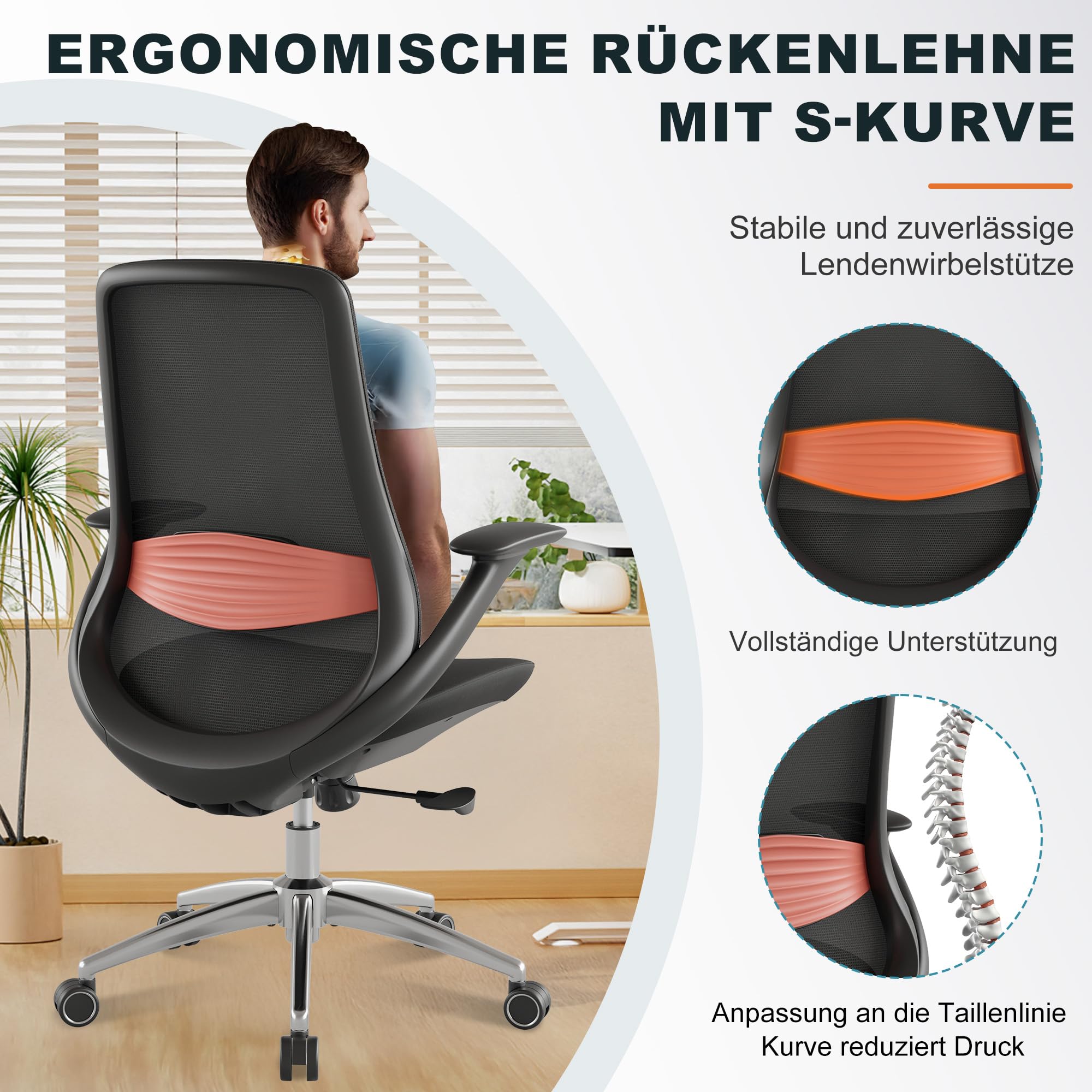 Bürostuhl Ergonomisch Schreibtischstuhl Drehstuhl Verstellbarer Armlehnen Lendenstütze gasdruckfeder bürostuhl liegefunktion 68.5cm Große Sitzfläche für Büro Home Office Chair Arbeitszimmer