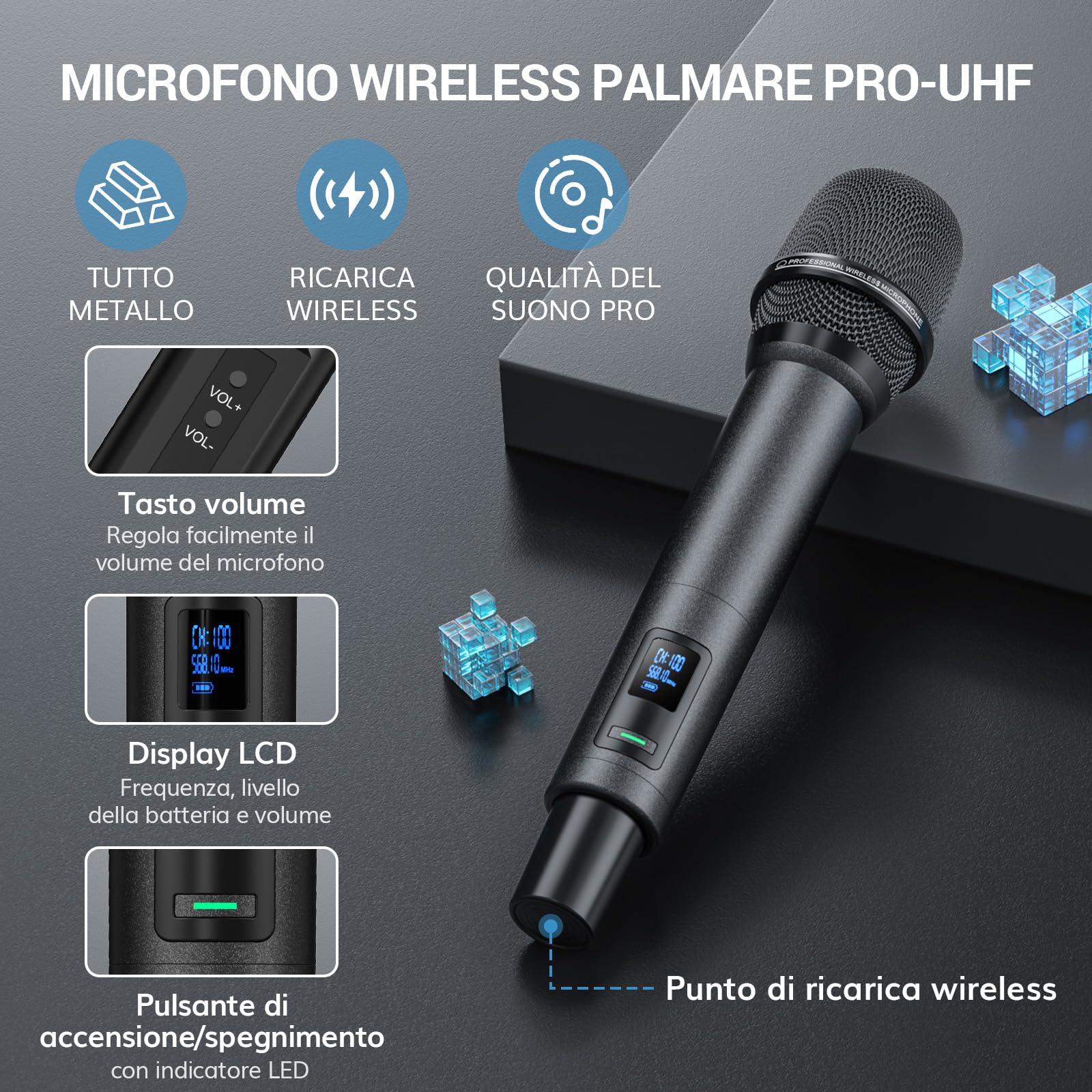 TONOR Microfono Wireless Ricaricabile, Sistema Doppio Microfono Palmare UHF in Metallo con Ricevitore Bluetooth, Portata UHF 80 m per Karaoke Domestico, Chiesa, Feste, DJ, Matrimoni TW790 Nero