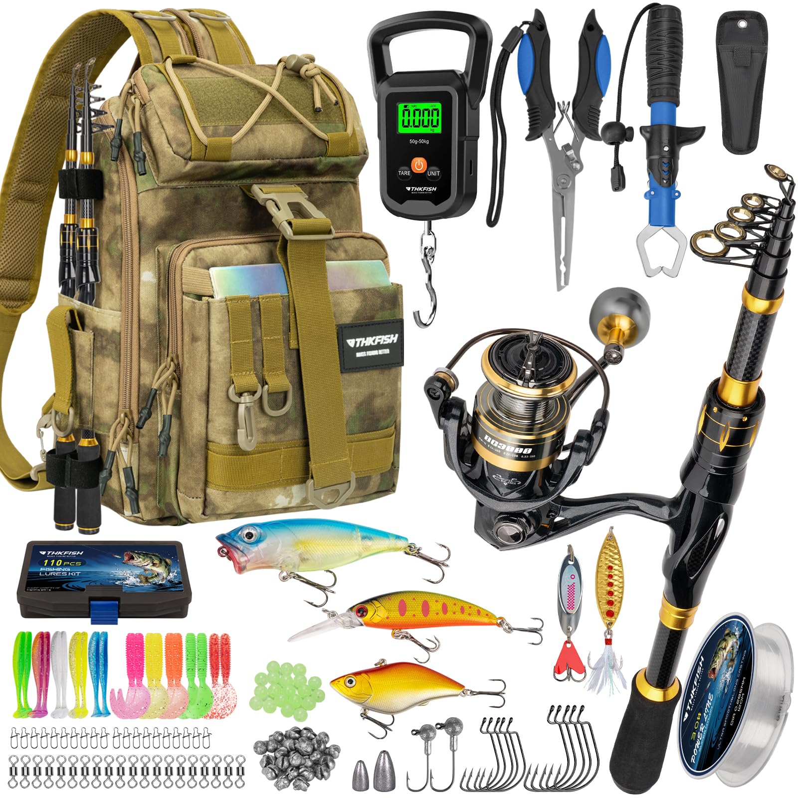 THKFISH Angelrute und Rolle Combo mit Angeln Rucksack, Angelset Anfänger Komplett mit Kohlefaser Teleskop-Angelrute, Angelwerkzeuge, Spinnrolle, Baitcast Zubehör für Salz-/Süßwasser