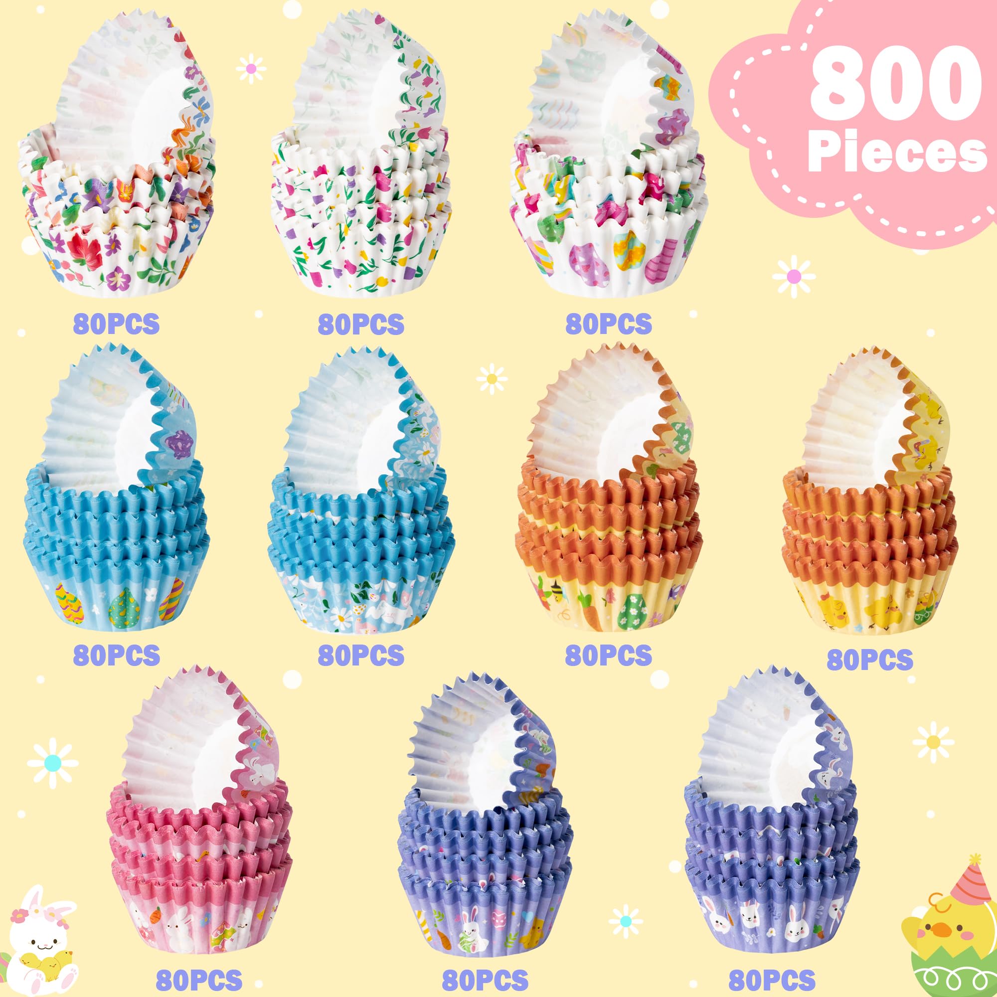 COcnny Easter Mini Cupcake Liners - 800pcs Happy Easter Baking Cups Muffin Paper Cupcakes Wrappers, Bunny Chick Egg Chocolate Cake Candy Wrap Making Supplies for Spring Birthday Party (10 Styles)