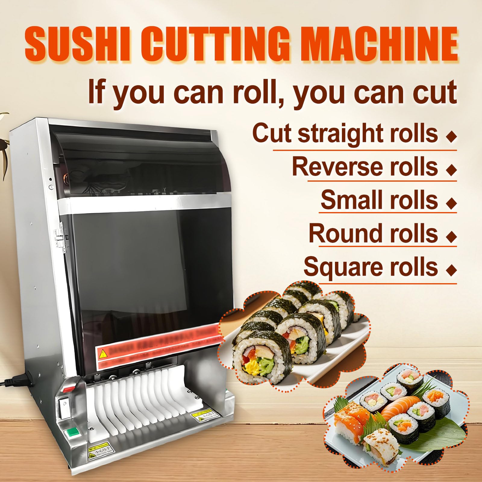 Automatische Sushi Maker Maschine, 55W Edelstahl Sushi Cutter mit Not-Aus-Taste und Werkzeugschutz für Zuhause und Cafeteria, glatte Inzision