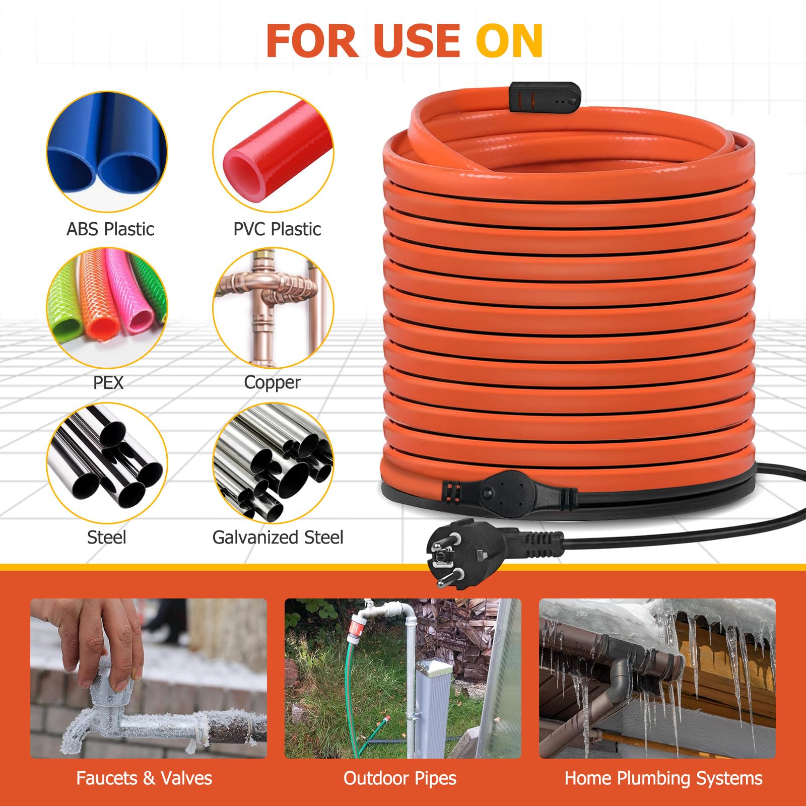 Kabel grzewczy chroniący przed zamarzaniem, samoregulujący się kabel grzewczy, z termostatem, ochrona przed zamarzaniem, do rur wodnych, domu, basenu, stawu (12 m, kolor pomarańczowy)