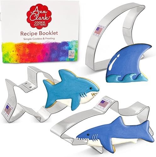 Ann Clark Cookie Cutters Shark - Juego de 3 cortadores de galletas fabricado en Estados Unidos, gran tiburón blanco, aleta de tiburón, tiburón