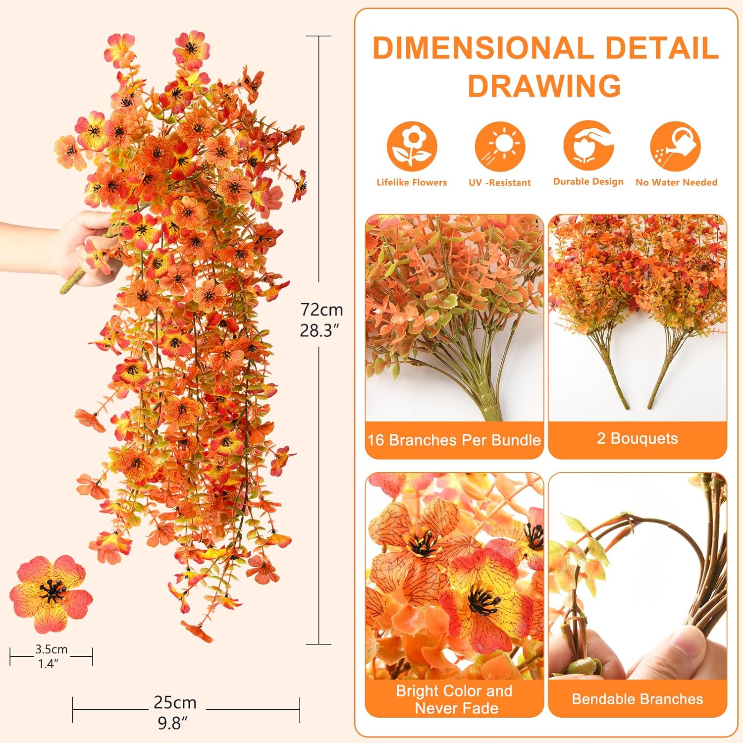Artificial Fall Fake Flowers for Outdoor, 2 Pcs Fake Mums Faux Hanging Flowers Outdoor Fall Decor, UV Resistant Silk Flower for Front Door Porch Planters Patio Yard Garden(Orange Sunset Red) - Image 2