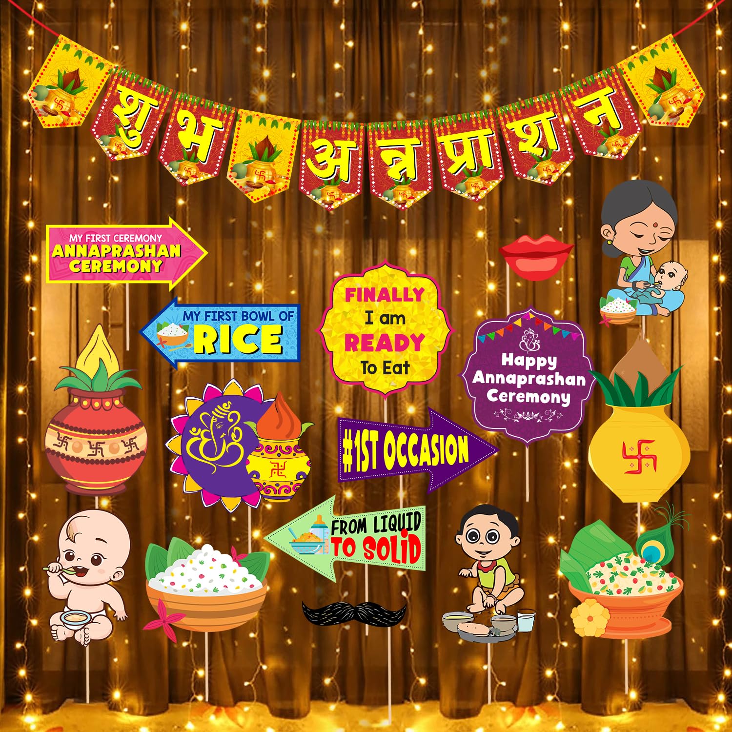 Zyozique ® Annaprasanam Paper Bunting Paper Banner Hindi Font with Photo Booth Props And Rice Light | Rice Ceremony Decorations Items/Rice Ceremony Props (Pack of 18) (B0CMHFTS5W) Amazon Price History, Amazon Price Tracker