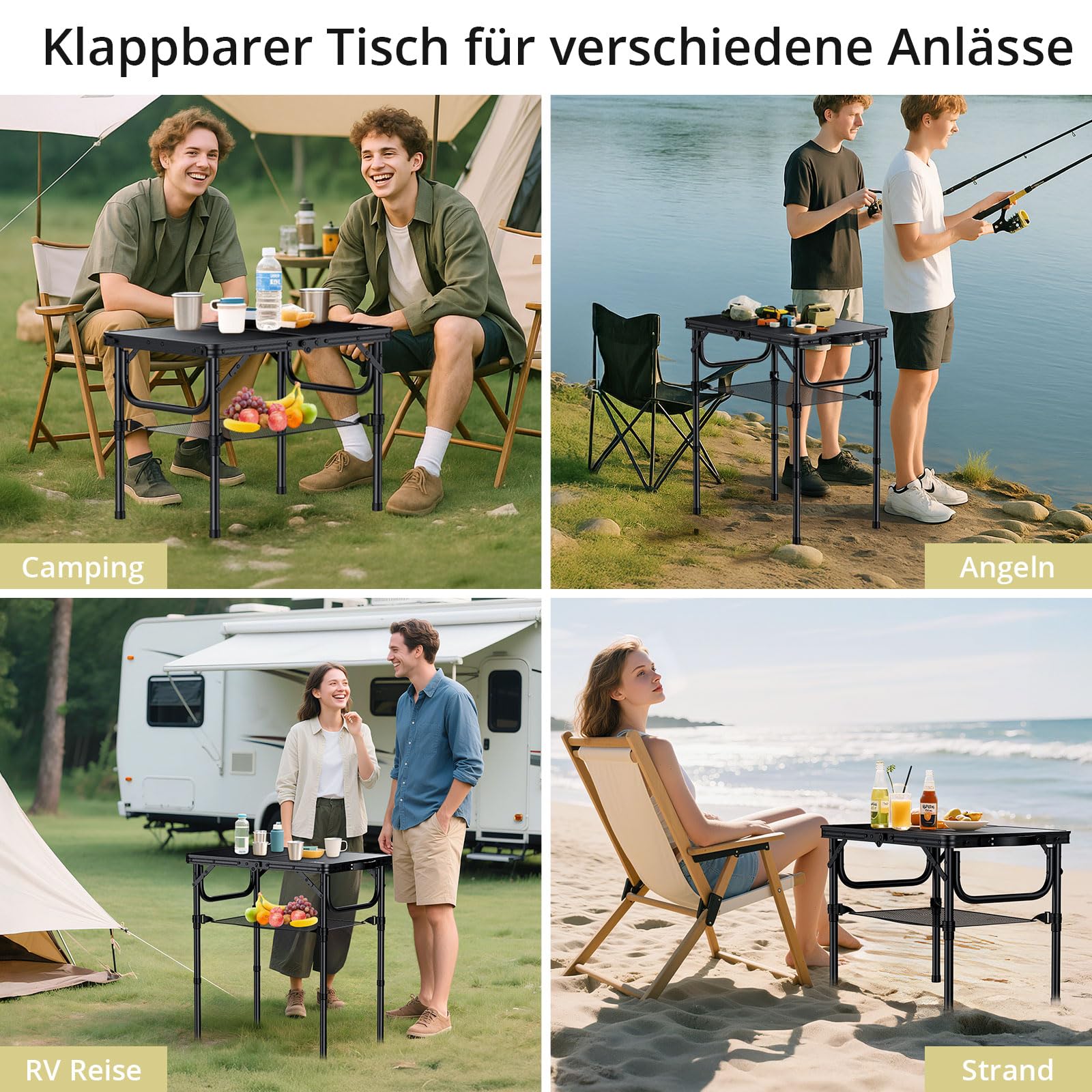 Anbte Campingtisch Klappbar 58x40cm Aluminium Rahmen Picknicktisch 3 Höhen Verstellbar 26/48/67cm MDF-Tischplatte mit Aufbewahrungsnetz Klapptisch für Camping Strand Balkon (Ganz Schwarz)