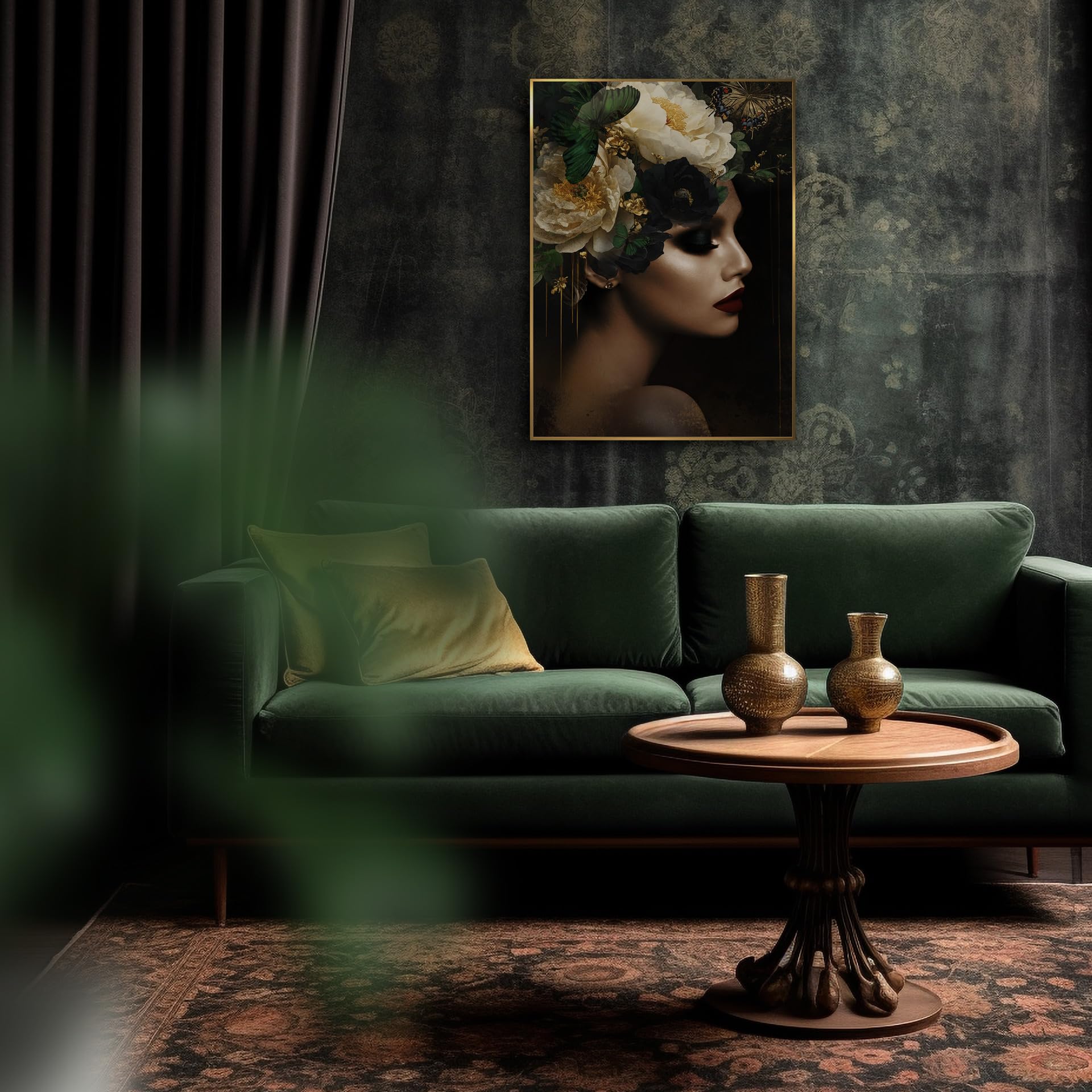 STYLER Bild Charlotte 50x70 cm (AUFHÄNGFERTIG) mit hochwertigem goldenen Rahmen – Frau mit Blumen – Exklusives Wandbild Modern Dekorativ Hochwertig Blumenkopf