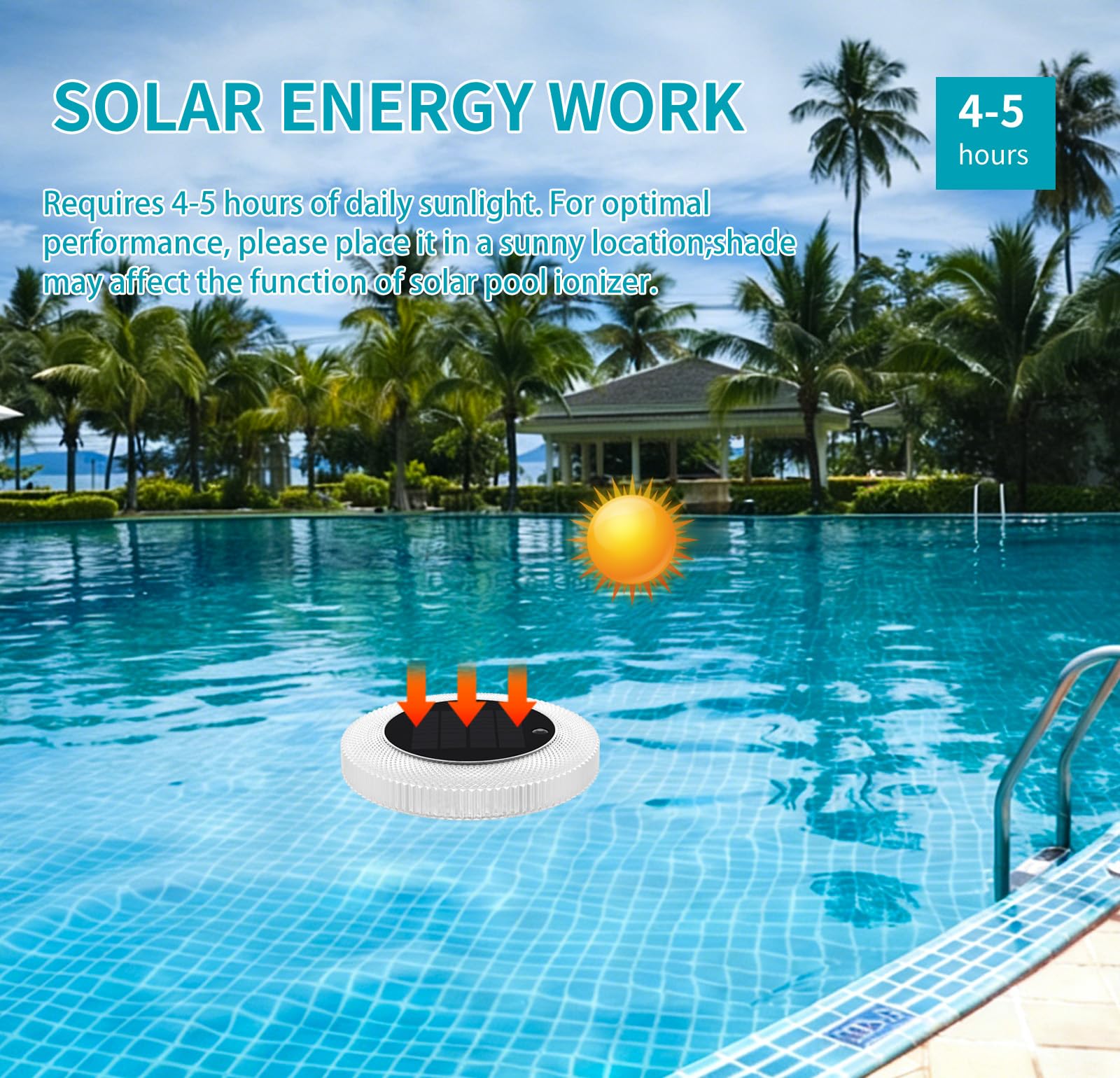 Ioniseur Solaire de Piscine Flottant en Cuivre avec Veilleuse LED Multicolore pour Marche/Arrêt Automatique, Accessoire de Piscine Réduit Le Chlore et Les Irritations de la Peau pour l'eau Douce