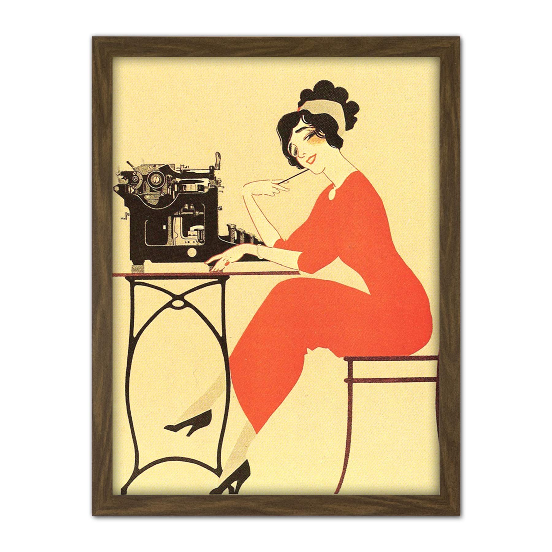 Wee Blue Coo Typewriter Woman Red Dress Writing Artwork Framed Wall Art Print 18X24 Inch