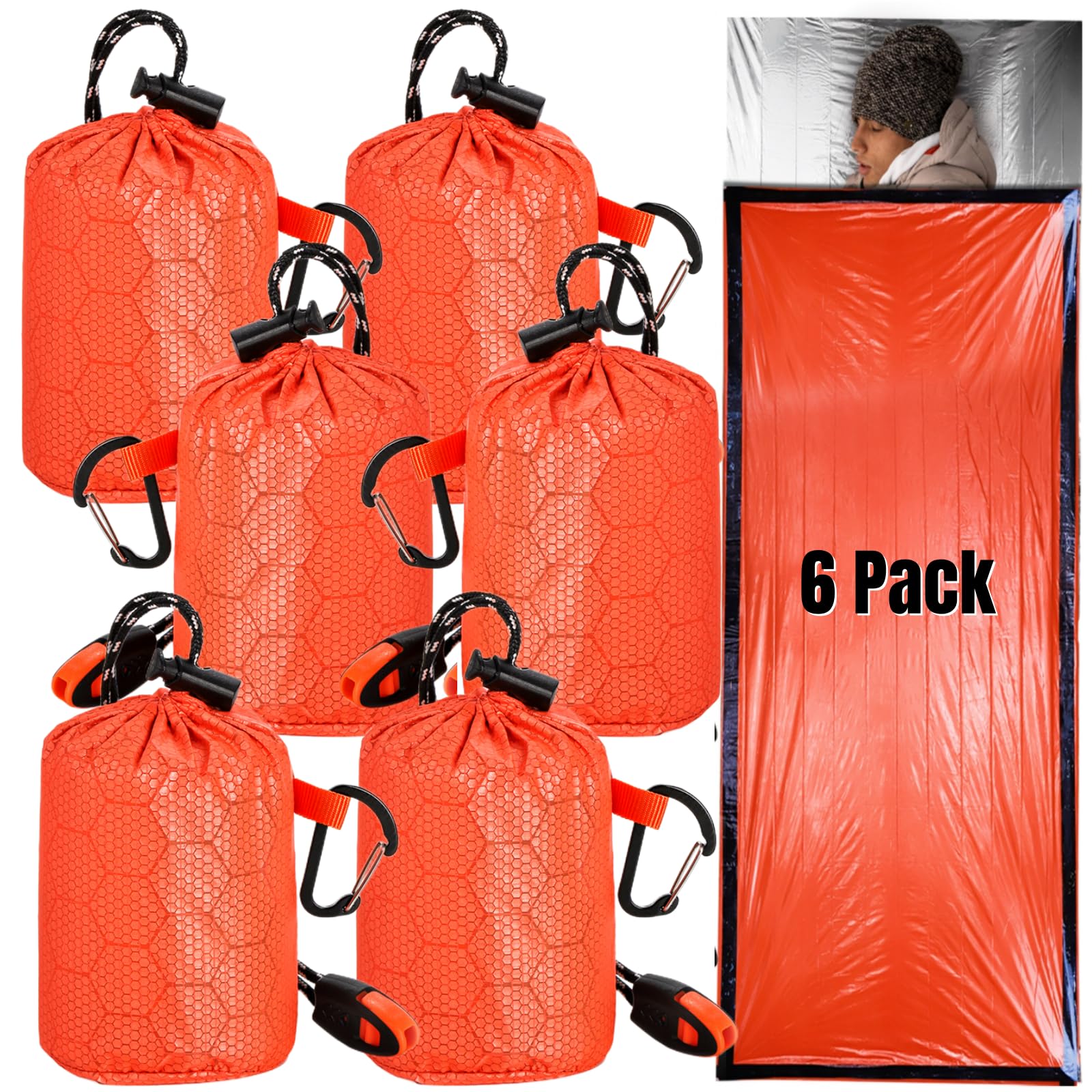 Noamus 6 Pack Emergency Survival Sleeping Bags, Thermal Bivy Sack Blanket, Lightweight Portable Nylon Sack with Whistle, Aluminized PE Survival Gear Supplies for Camping Hiking, Outdoor Adventure