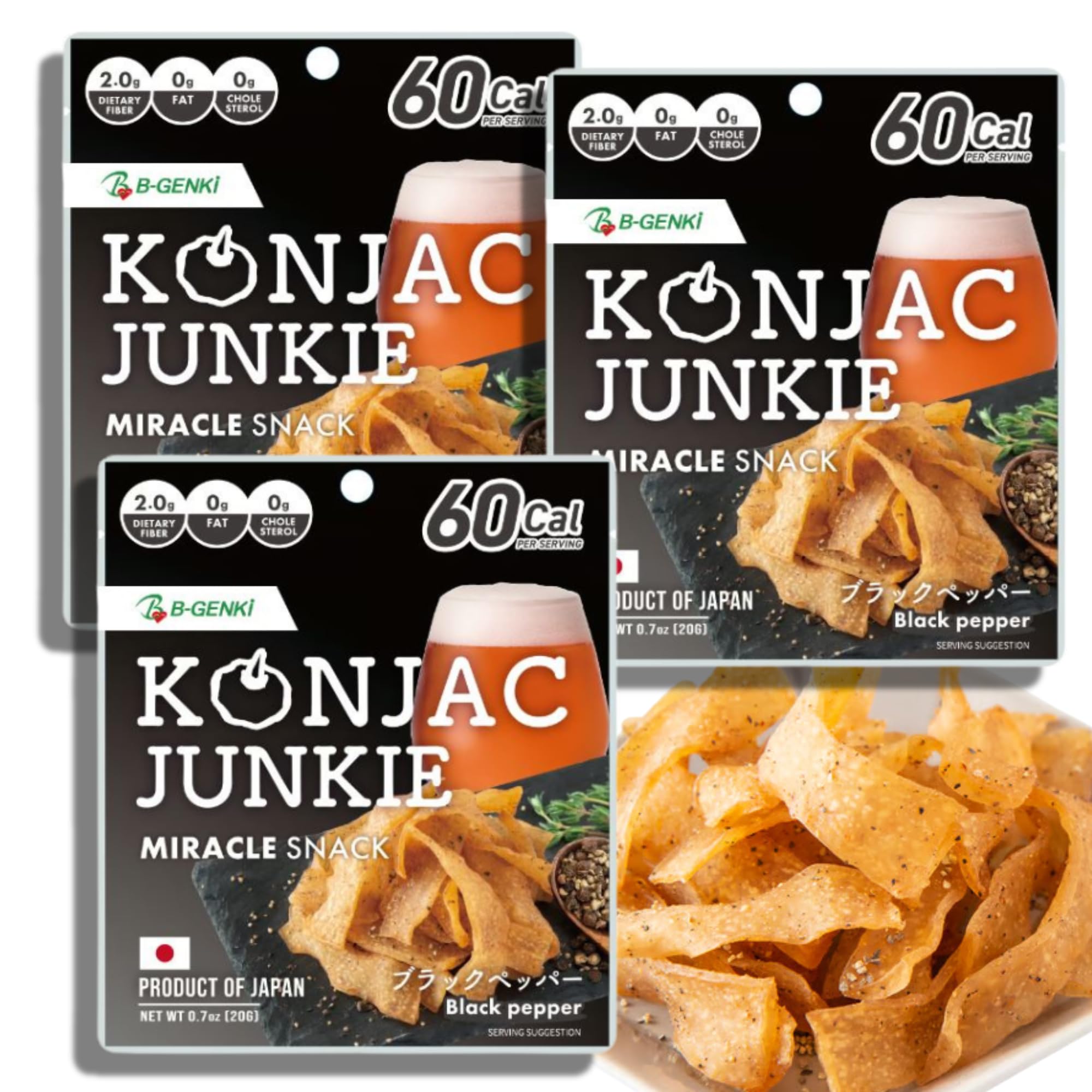 Konjac Junkie Black Pepper Flavor, Miracle Snack, Konnyaku Strips, Beef Jerky Alternatives, Meatless, Fat-Free Healthy Snack, Made in Japan 0.7oz (20g