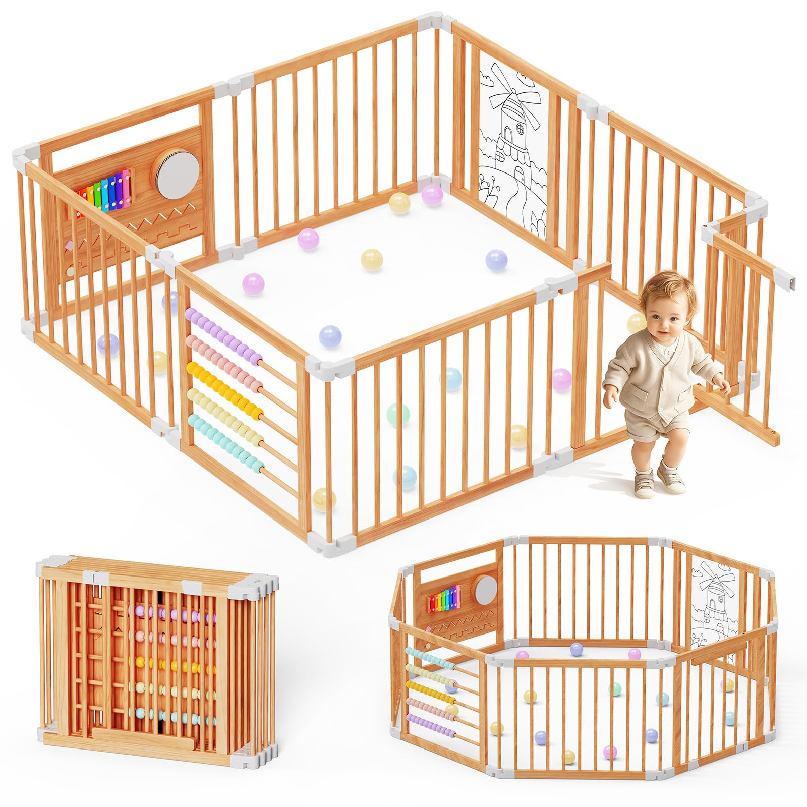 Meublaty Parque Bebé Plegable de Madera 160x160x61cm, Niño, Juegos -8 piezas | Modular y ajustable, Zona de juegos plegable, Recinto de seguridad, Uso interior