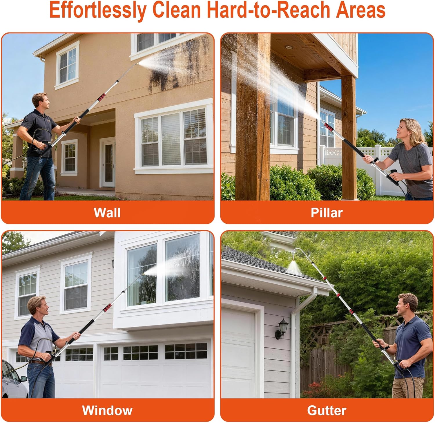 Telescoping Pressure Washer Wand 24 ft Power Washer Extension Wand Aluminum Pressure Washer Extension Wand 24 Feet with Brush Head, Gutter Cleaner, 7 Spray Nozzle Tips, 2 Hose Adapters, Support Belt