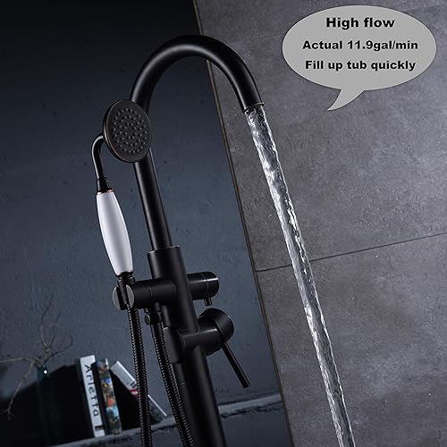 Miniatura 29 de Grifo de bañera independiente Llenador de bañera Negro Alto Flujo 11.9GAL Grifos de montaje en piso con rociador de ducha de mano RIGOBAL Negro