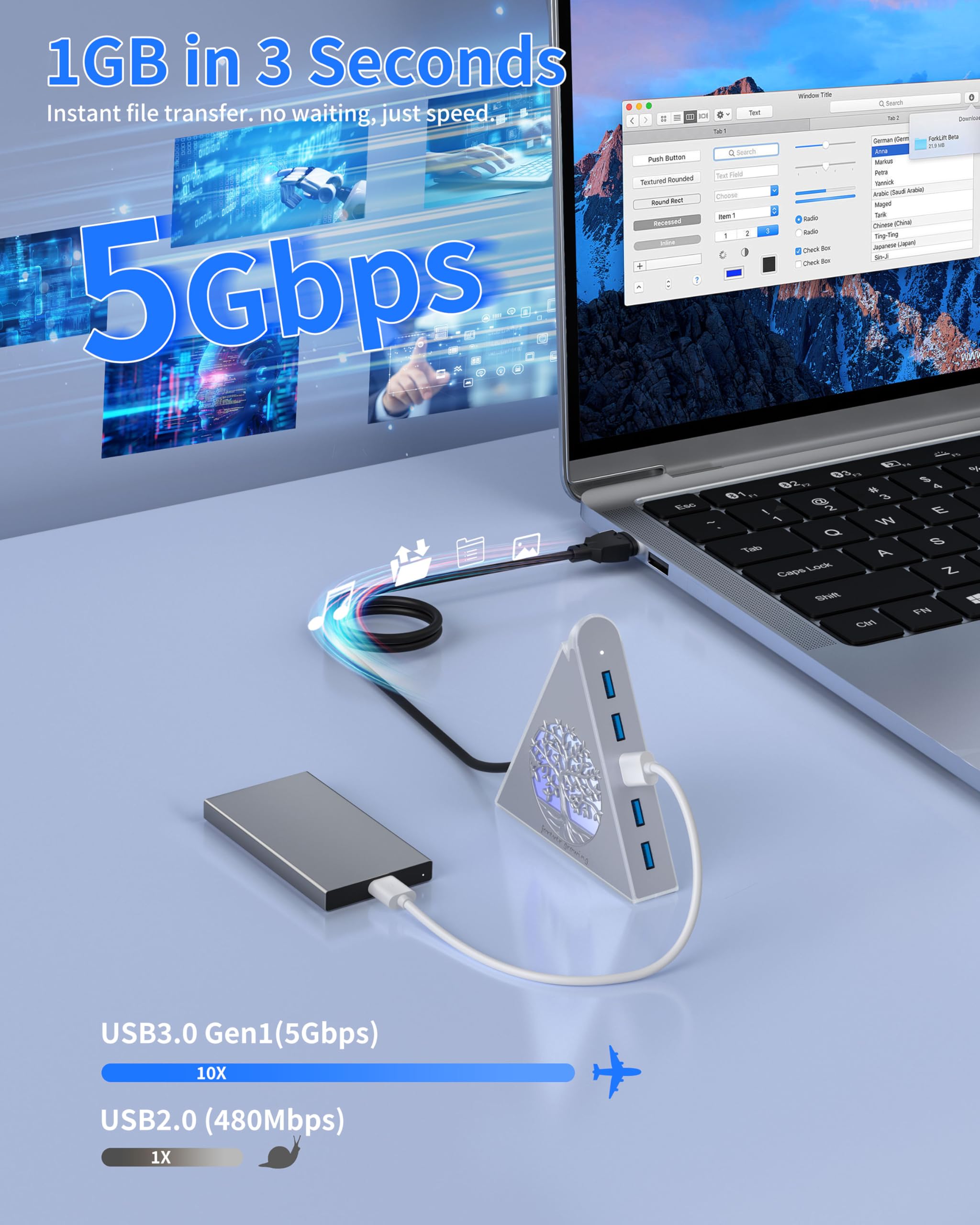 Hub USB 3.0 de 7 puertos, expansor USB vertical plateado con iluminación RGB temática de árbol, velocidad de transferencia de 5 Gbps, cable de extensión de 2 pies, para MacBook, laptop