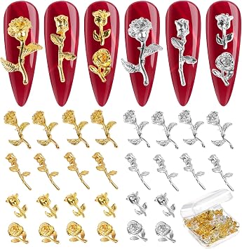 50PCS 3D Gold Silver Rose Nail Charms, Flower Rose Golden Metallic Mini Alloy Nail Art Decals DIY Nail Accessories Studs for Women Girls Salon Nail Manicure Craft Jewelry Making with Box
