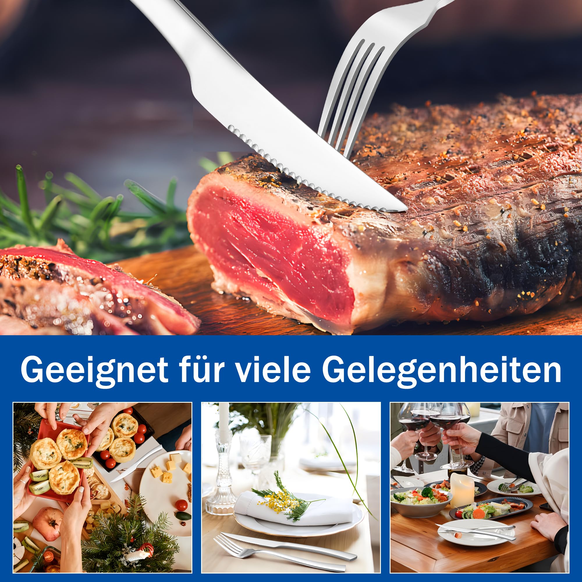 Joyfair Zestaw noży do steków, 12 sztuk, ze stali nierdzewnej, ze szlifem falistym, 23 cm, wysokiej jakości noże do pizzy, do domu/restauracji/hotelu, polerowane na wysoki połysk, nadają się do mycia