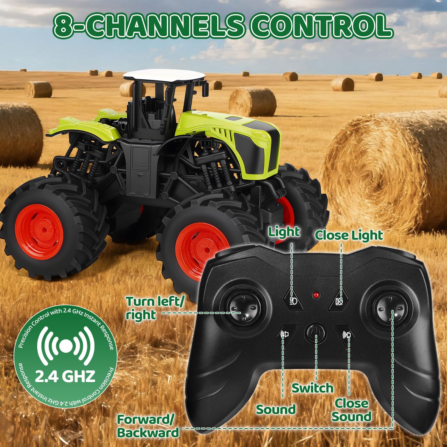 RC Tractor Teledirigido para Niños - 2,4 GHz 1:16 Juguete Tractores Granja Camión Monstruo con Luz para Niños 3 4 5 6 7 8 Años