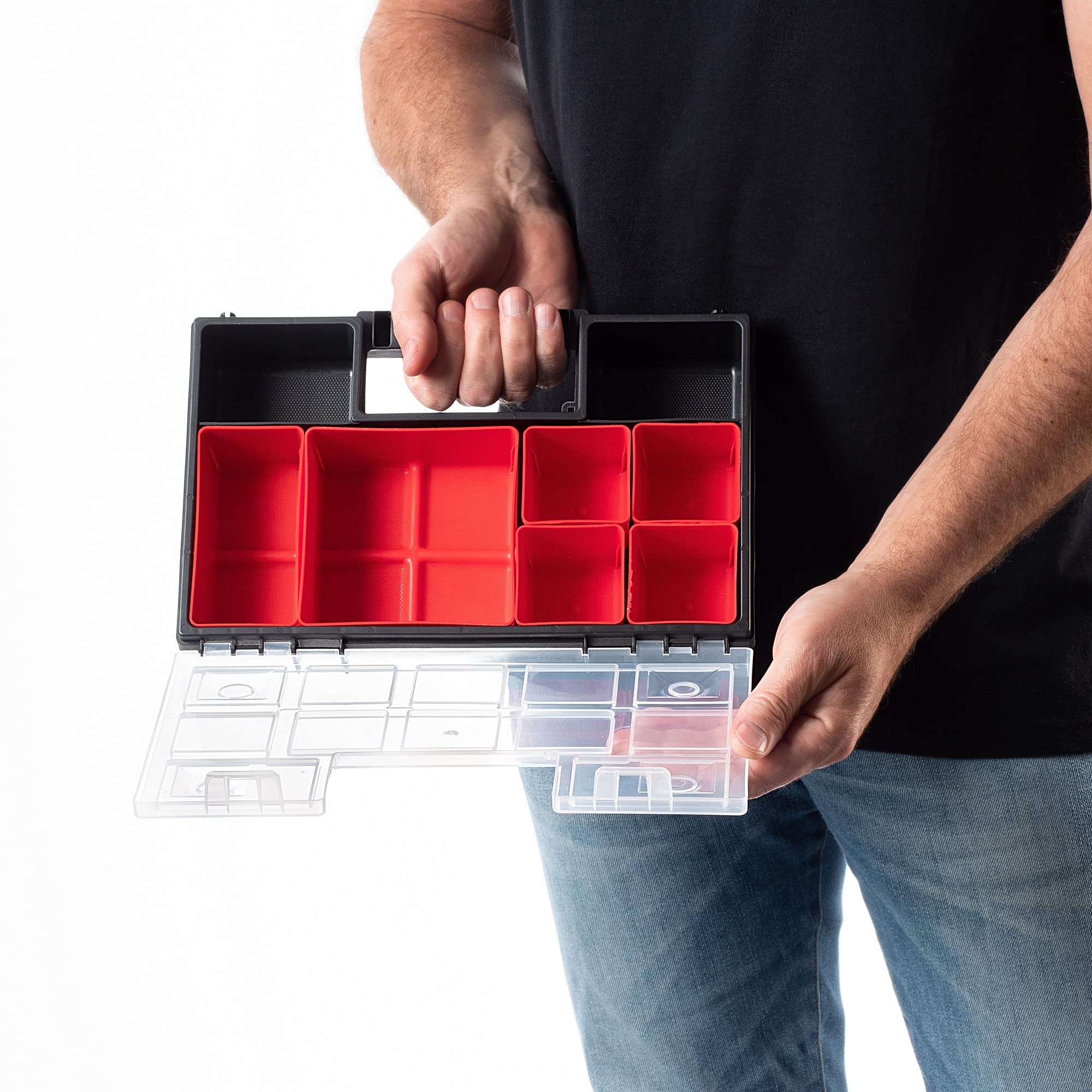 KADAX Organizer con Coperchio Trasparente – Cassetta Porta Minuteria a Scomparti per Viti, Bulloni, Ferramenta, Officina e Garage – Plastica Resistente (28 x 18 cm, 12 Pezzi)
