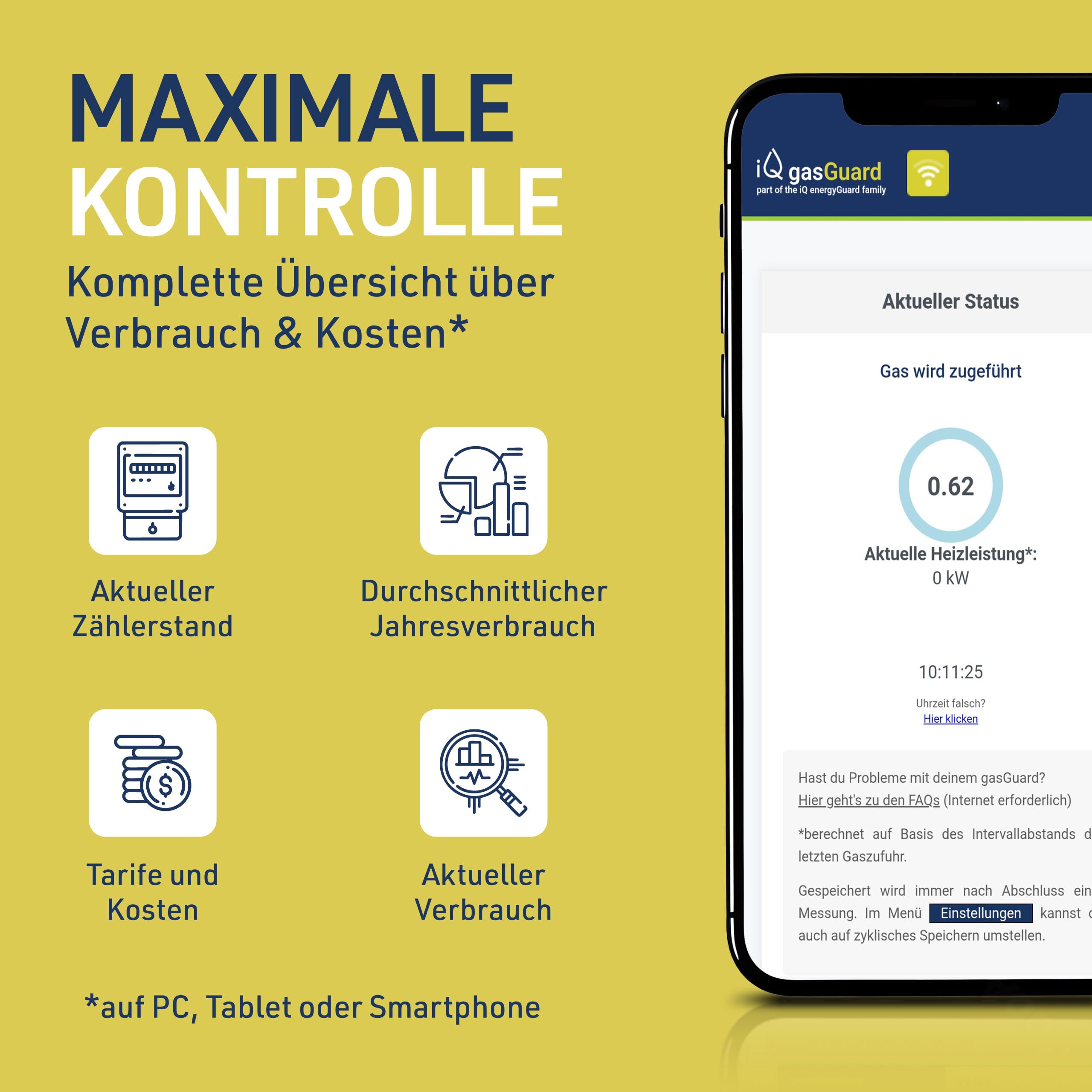 iQ gasGuard inteligentny licznik gazu z interfejsem impulsowym z funkcją alarmu i Wi-Fi - cyfrowy monitoring zużycia gazu i kosztów - licznik zużycia gazu i miernik z WiFi do smartfonów i komputerów