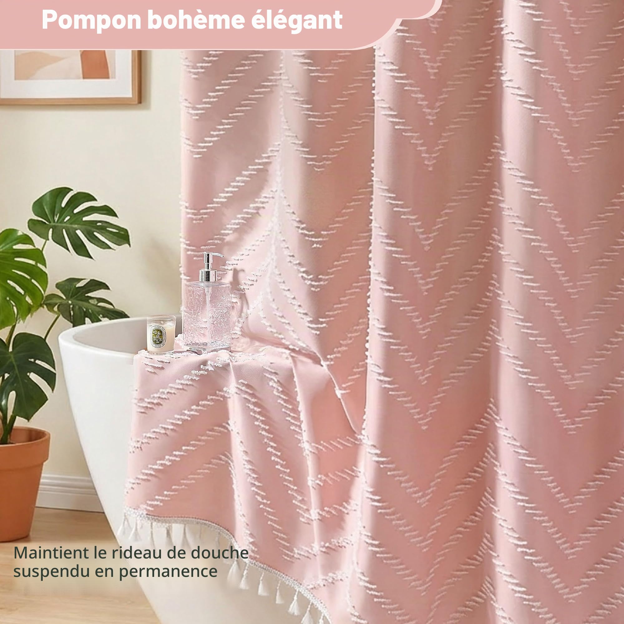 Siiluminisoy Rideau de Douche en Tissu tissé à Pampilles de Style bohème Moderne texturé touffeté à Rayures pour Salle de Bain, 183 x 183 cm, Rose