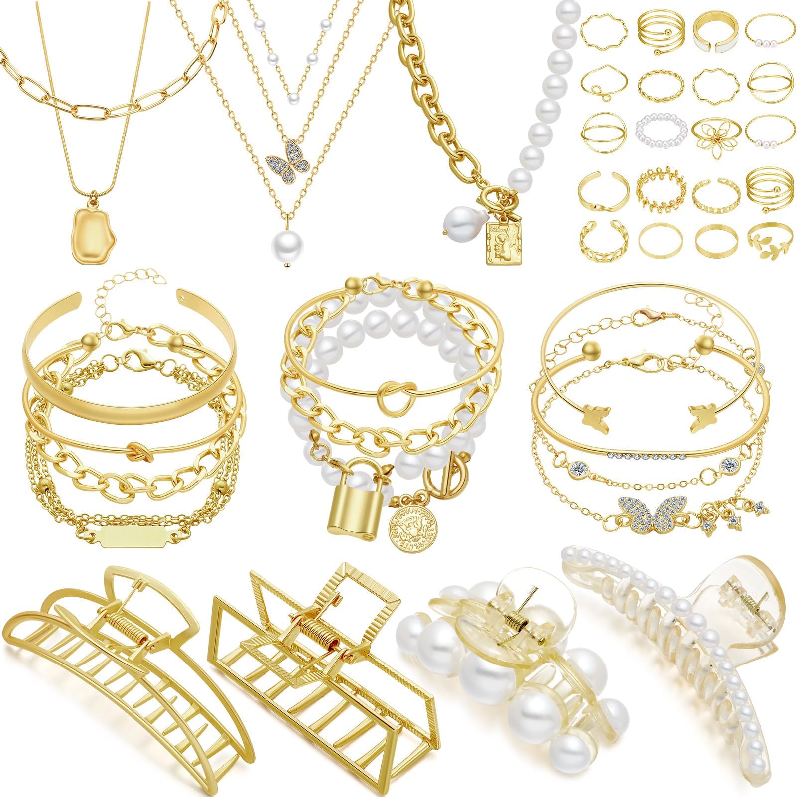 43 Pcs Christmas Gold Jewelry Gift Set with 6 Necklace, 13 Bracelet, 20 Rings and 4 Hair Claw Clips for Women Girl Christmas thanksgiving Wedding Valentine Anniversary Birthday Friendship Gift