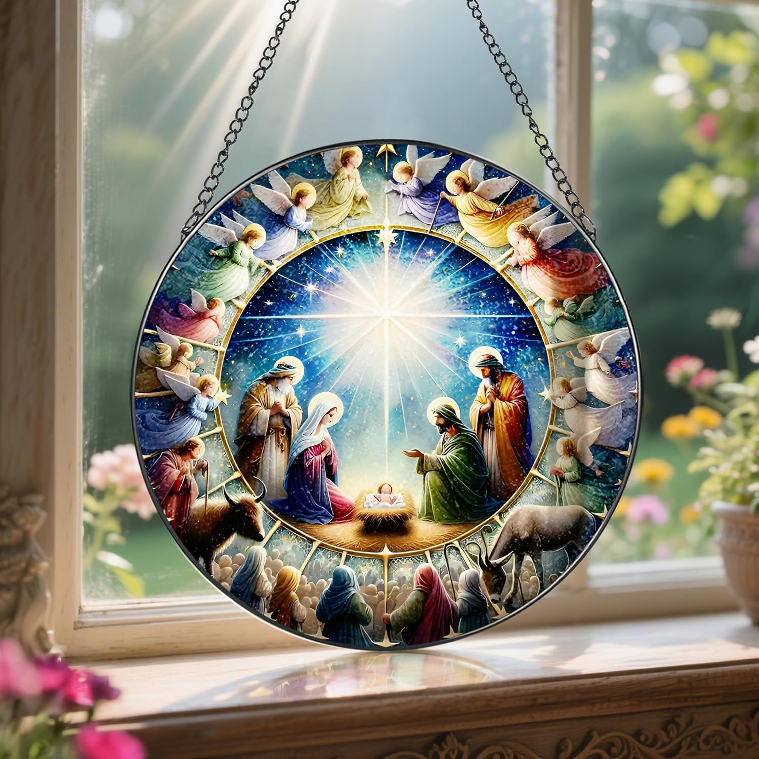 Stained Glass Window Hanging, LAOWEIKI 8'' Nativity Scene Suncatcher, Stained Glass Ornament, Window Decor, Outdoor or Indoor, Christian Gifts, Religious Gifts for Women - Image 5