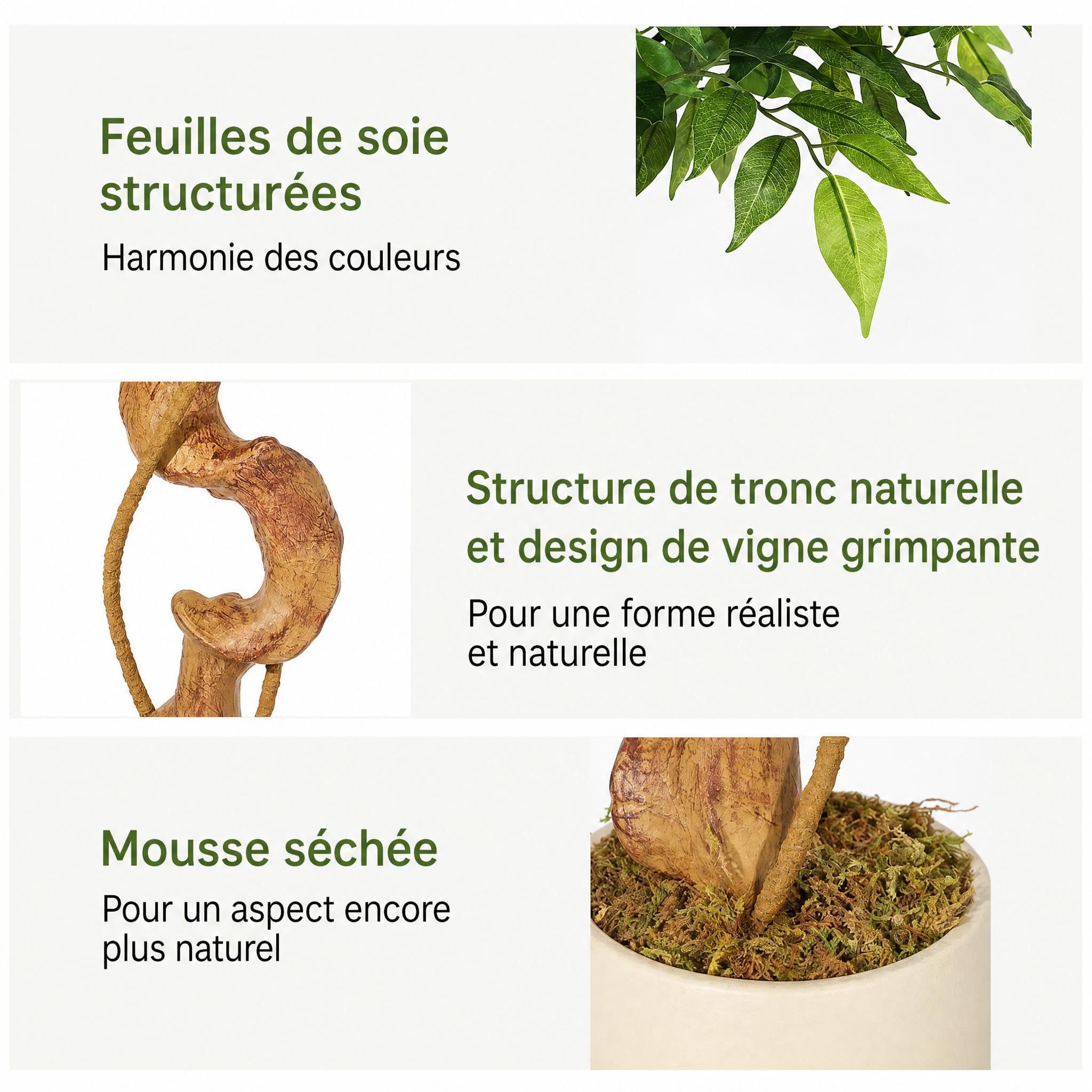 Arbre Artificiel 180cm Tronc Courbé et Pot Blanc, Déco Intérieur | Grande plante artificielle, faux arbre vert silhouette torsadée, végétal synthétique pour entrée, salon, bureau et maison