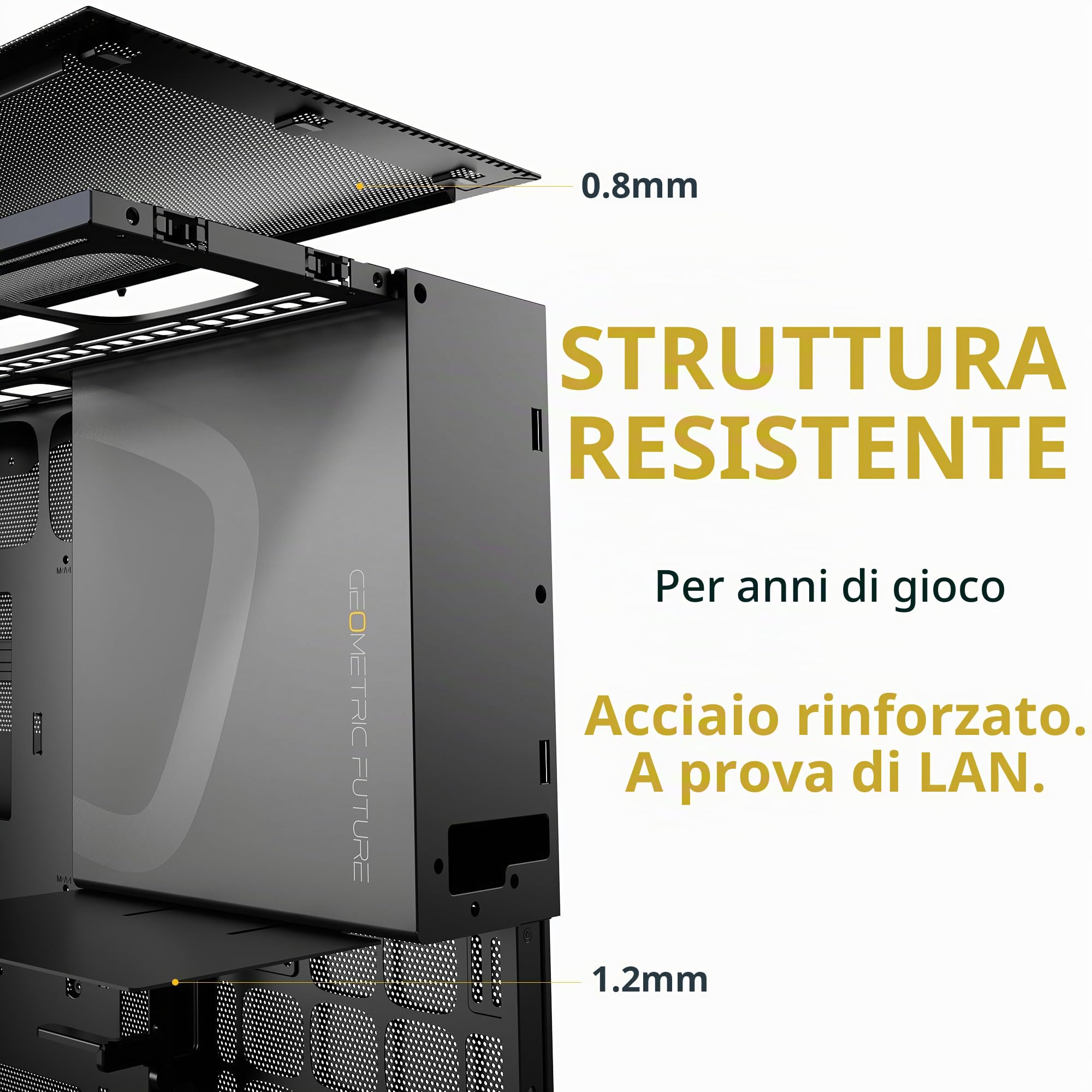 Geometric Future M5 - Case per computer a mezzatorre con pannello frontale in rete a nido d'ape e vetro temperato, E-ATX/ATX per gaming, alto flusso d'aria, in acciaio da 1,2 mm, Tipo C, supporto per