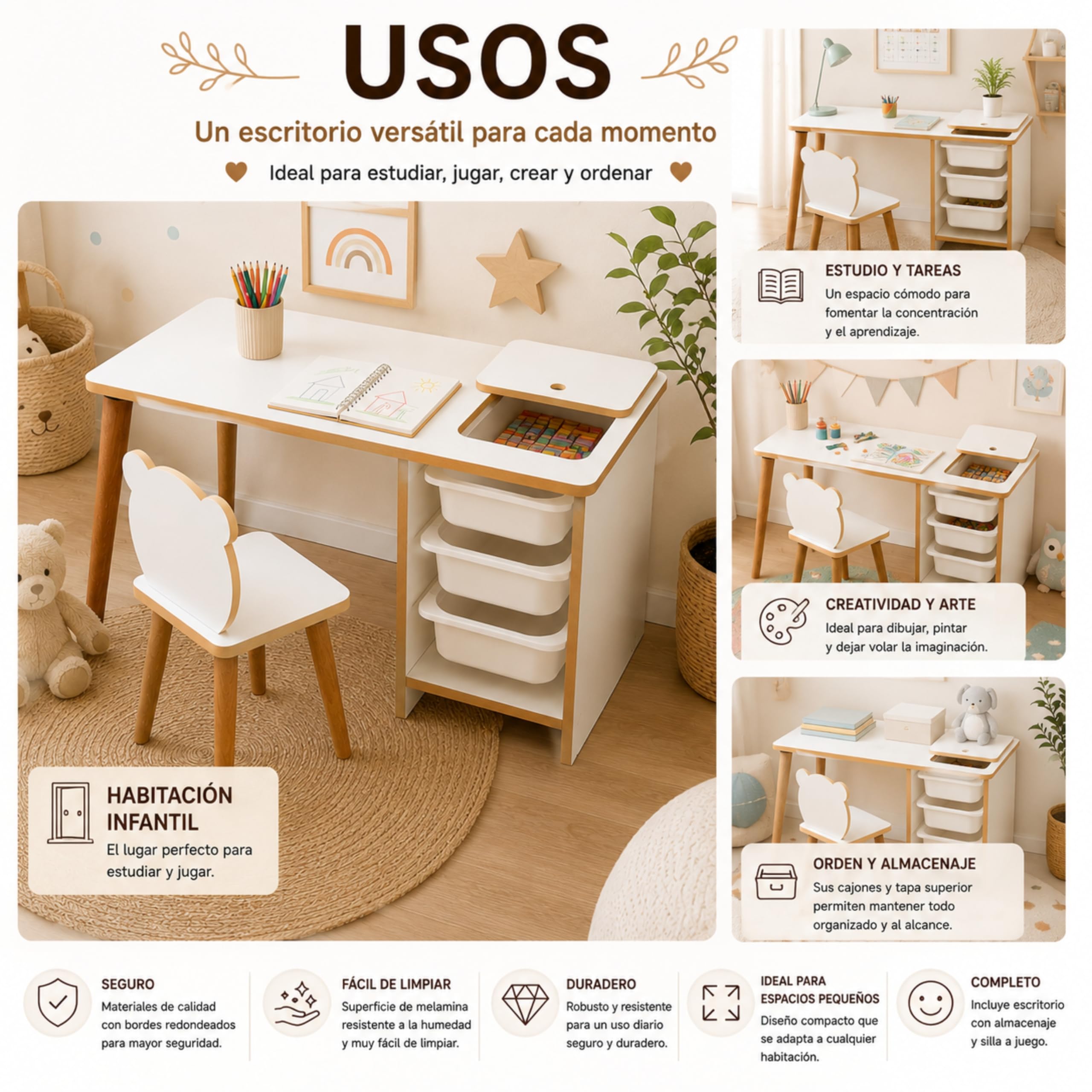 Escritorio Infantil con Silla y Cajones, Pupitre Infantil con Guarda Objetos, Mesa de Juegos para Niños, Muebles para Niños Color Blanco y Madera de 90 x 42 x 51 cm. Soho