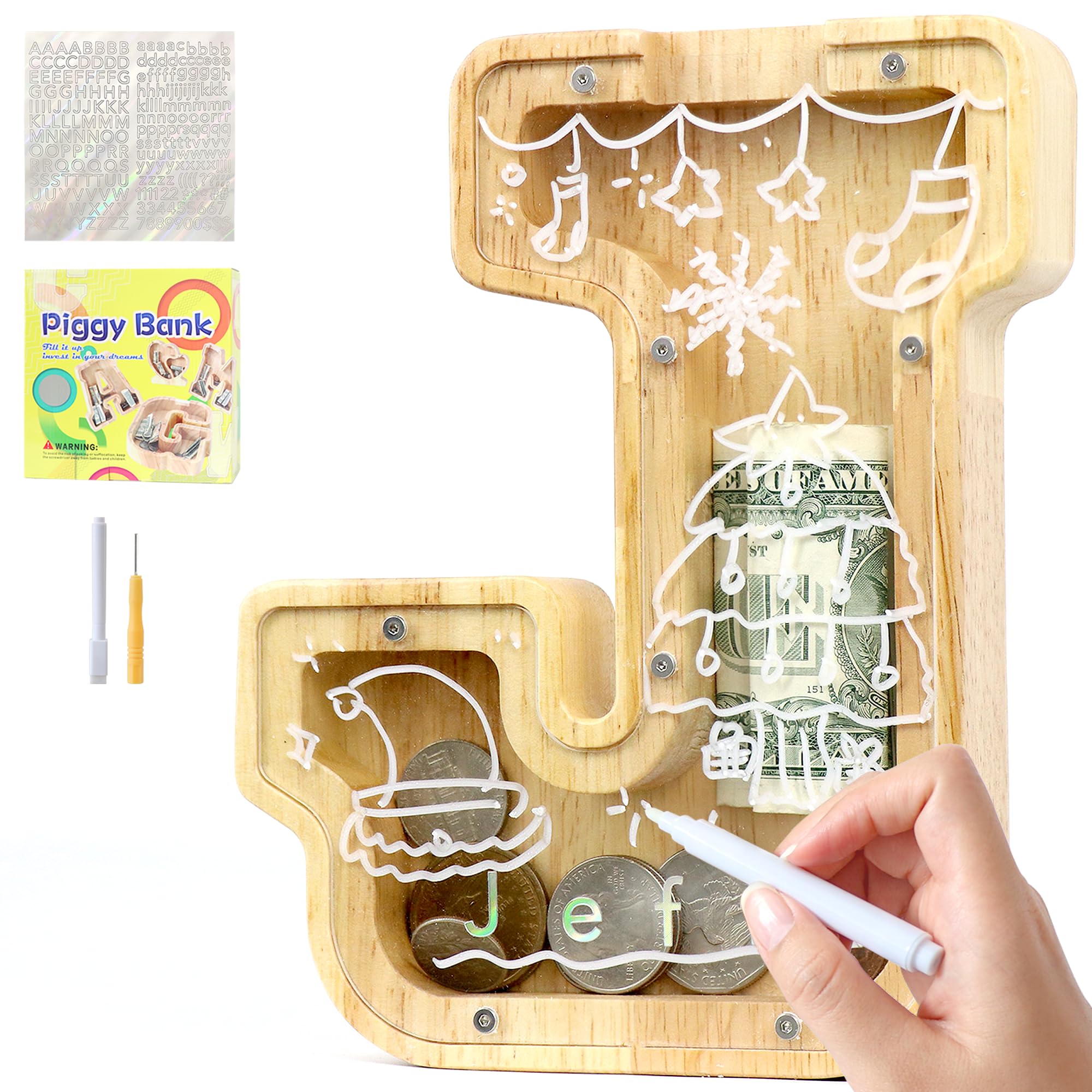 Lakpopya Spardose für Kinder Jungen Mädchen - Personalisiert Durchsichtig Mit Buchstabe Holz A-Z, Zielbereich, Aufkleber & Marker - Taufe Geschenk Dekoration (J)