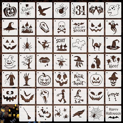 OOTSR 48 plantillas pequeñas de Halloween para manualidades, plantillas de dibujo reutilizables de Halloween de 3 x 3 pulgadas para pintar sobre